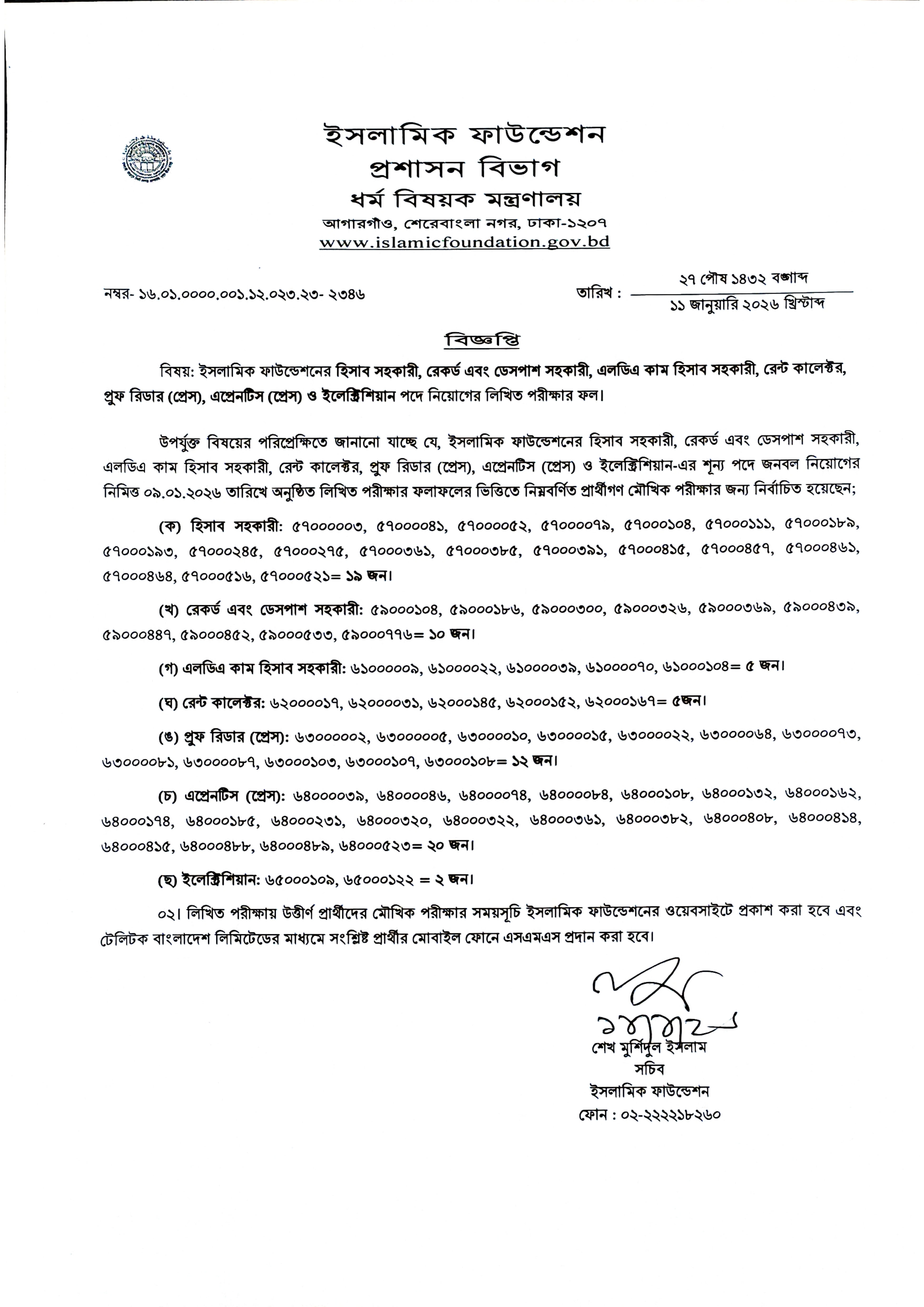 ইসলামিক ফাউন্ডেশনের বিভিন্ন পদের নিয়োগ পরীক্ষার ফলাফল প্রকাশ