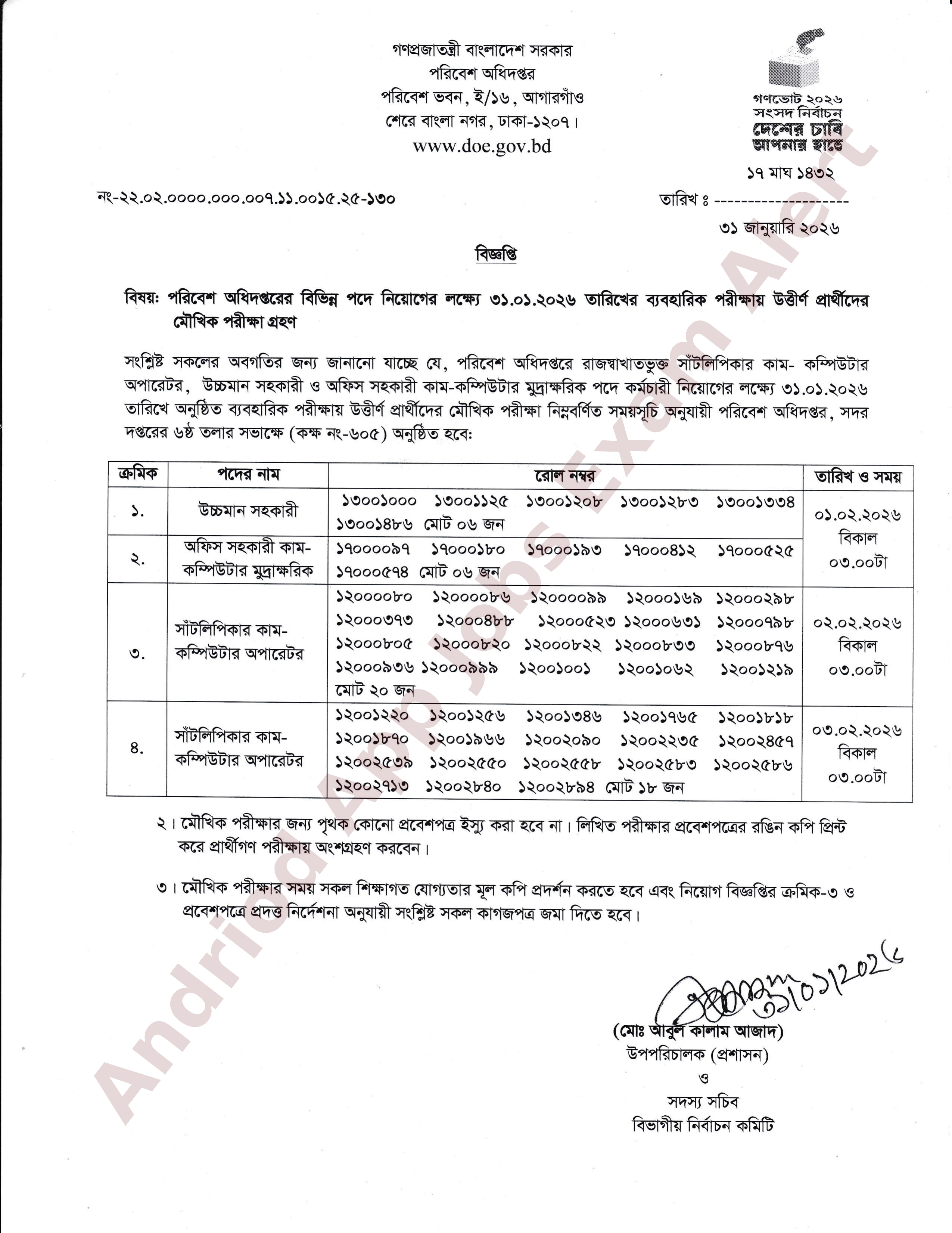 পরিবেশ অধিদপ্তরের বিভিন্ন পদের ব্যবহারিক পরীক্ষার ফলাফল প্রকাশ