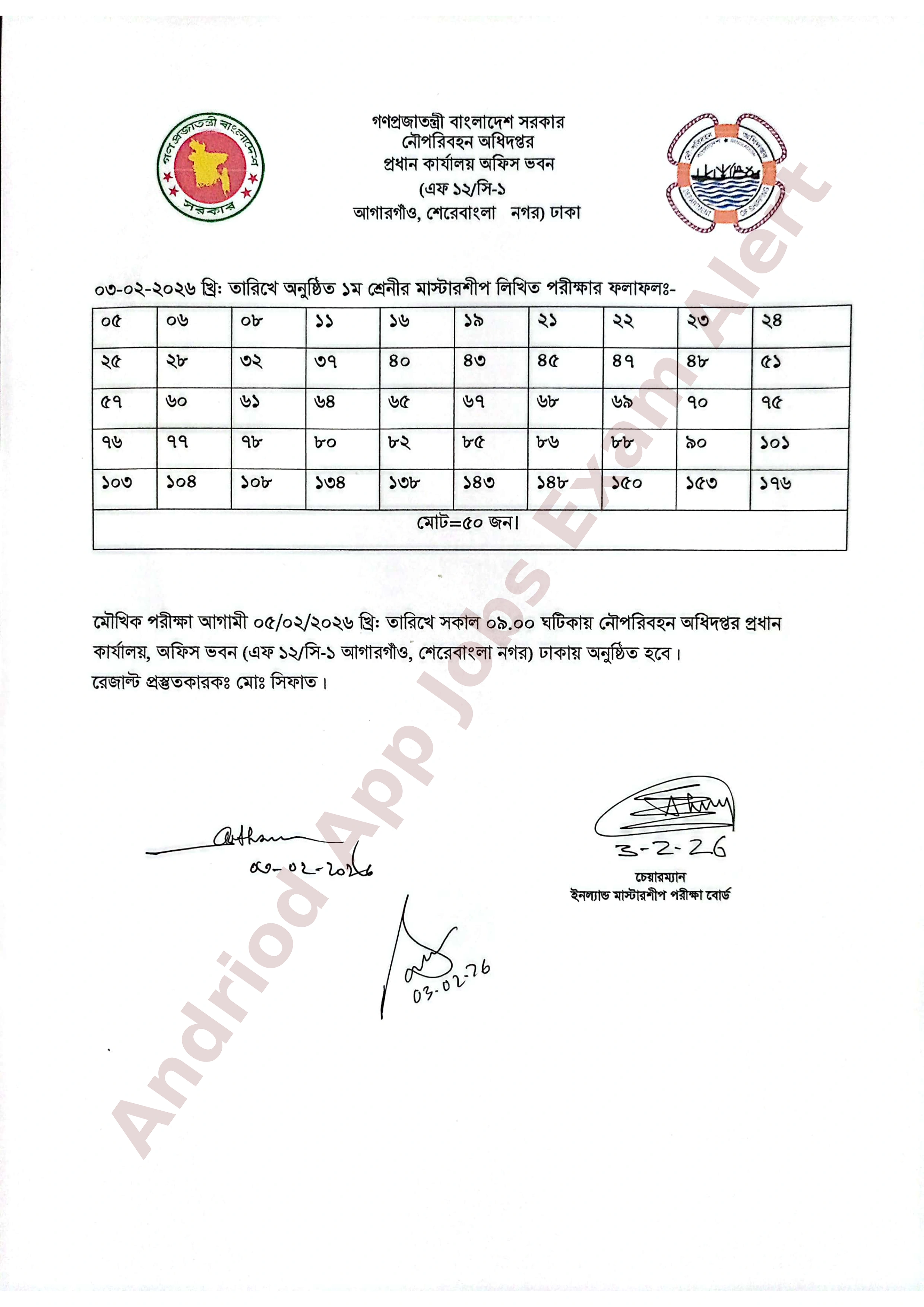 নৌপরিবহন অধিদপ্তরের ইনল্যান্ড মাস্টারশীপ লিখিত পরীক্ষার ফলাফল প্রকাশ