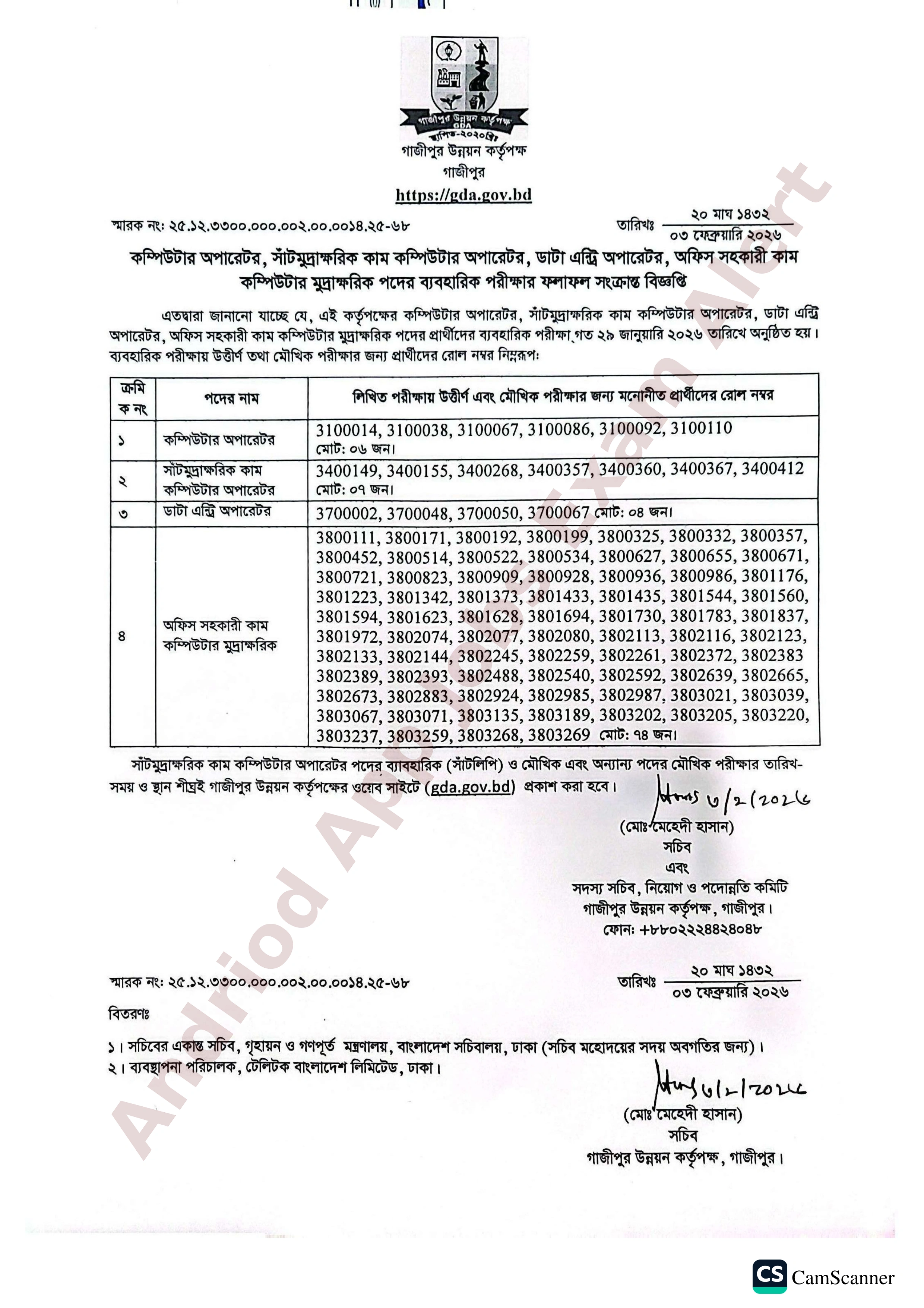 গাজীপুর উন্নয়ন কর্তৃপক্ষের চাকরির ব্যবহারিক পরীক্ষার ফলাফল প্রকাশ