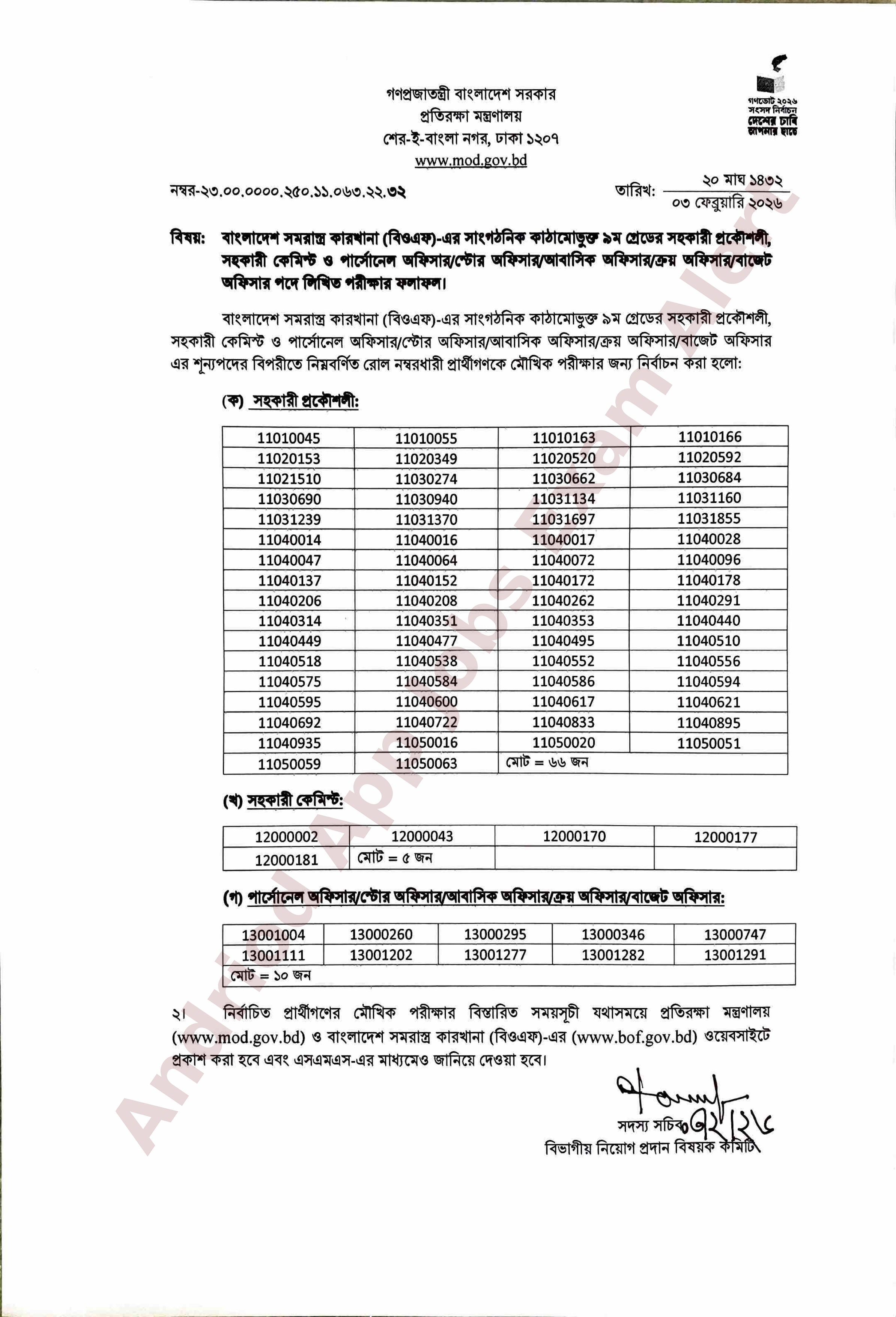 বাংলাদেশ সমরাস্ত্র কারখানা (বিওএফ)-এর বিভিন্ন পদের লিখিত পরীক্ষার ফলাফল প্রকাশ