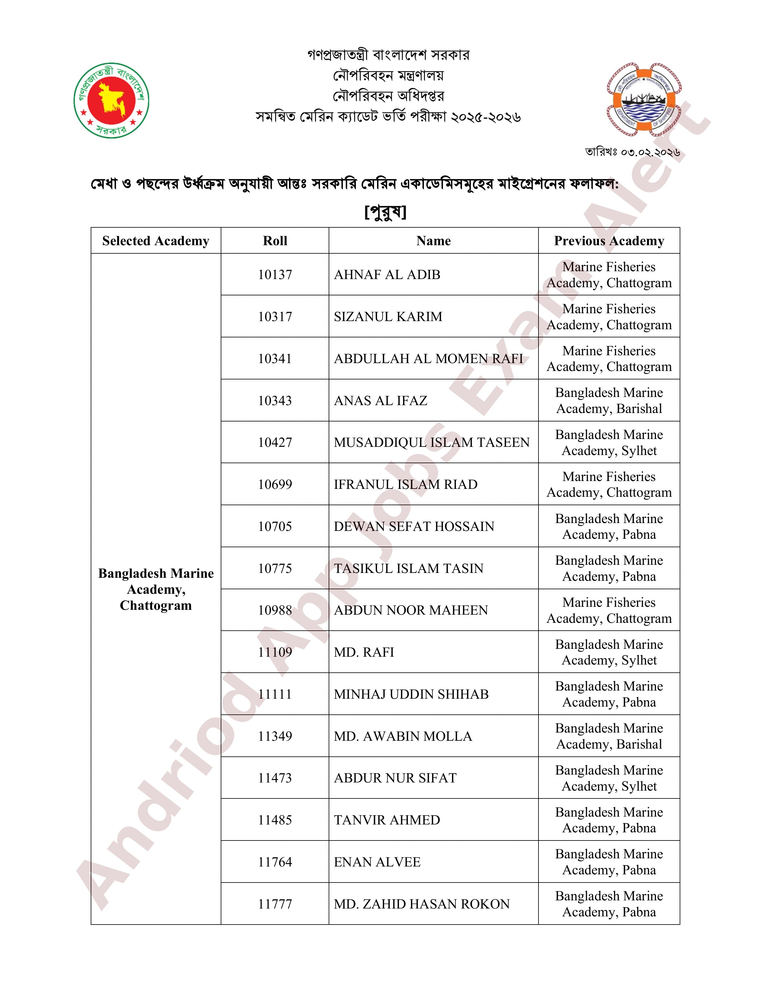 নৌপরিবহন অধিদপ্তরের মেরিন ক্যাডেট ভর্তির মাইগ্রেশনের ফলাফল প্রকাশ