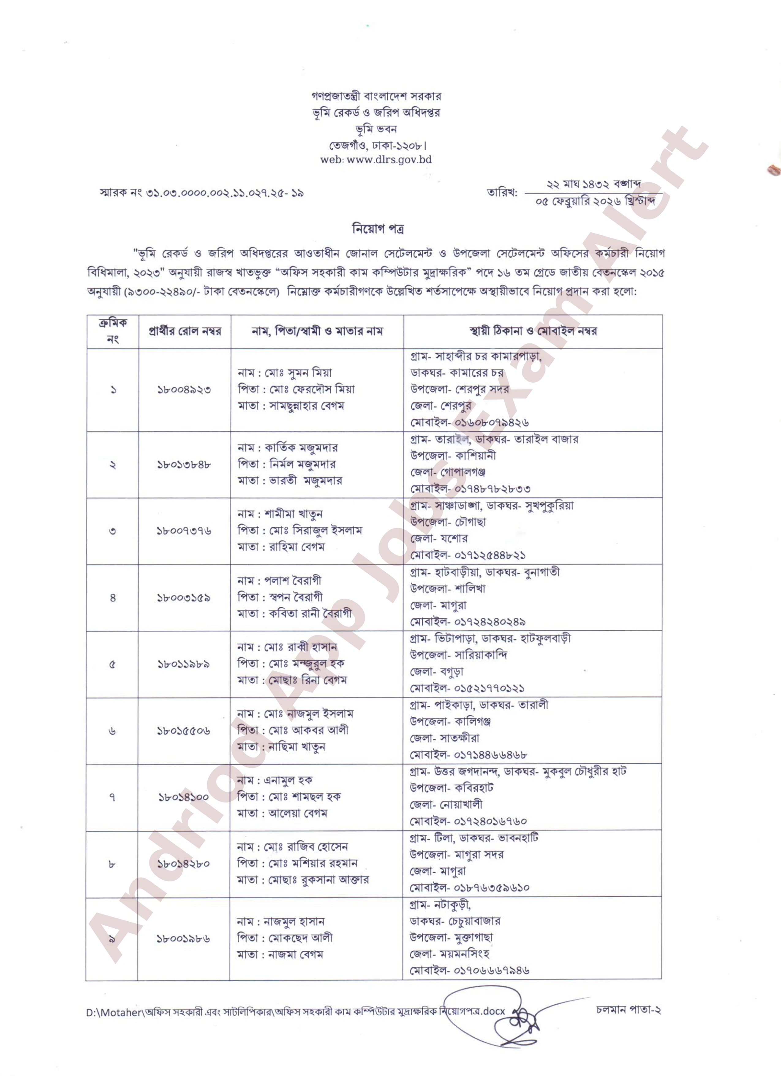 ভূমি রেকর্ড ও জরিপ অধিদপ্তরের নিয়োগের চূড়ান্ত ফলাফল ও নিয়োগপত্র প্রকাশ