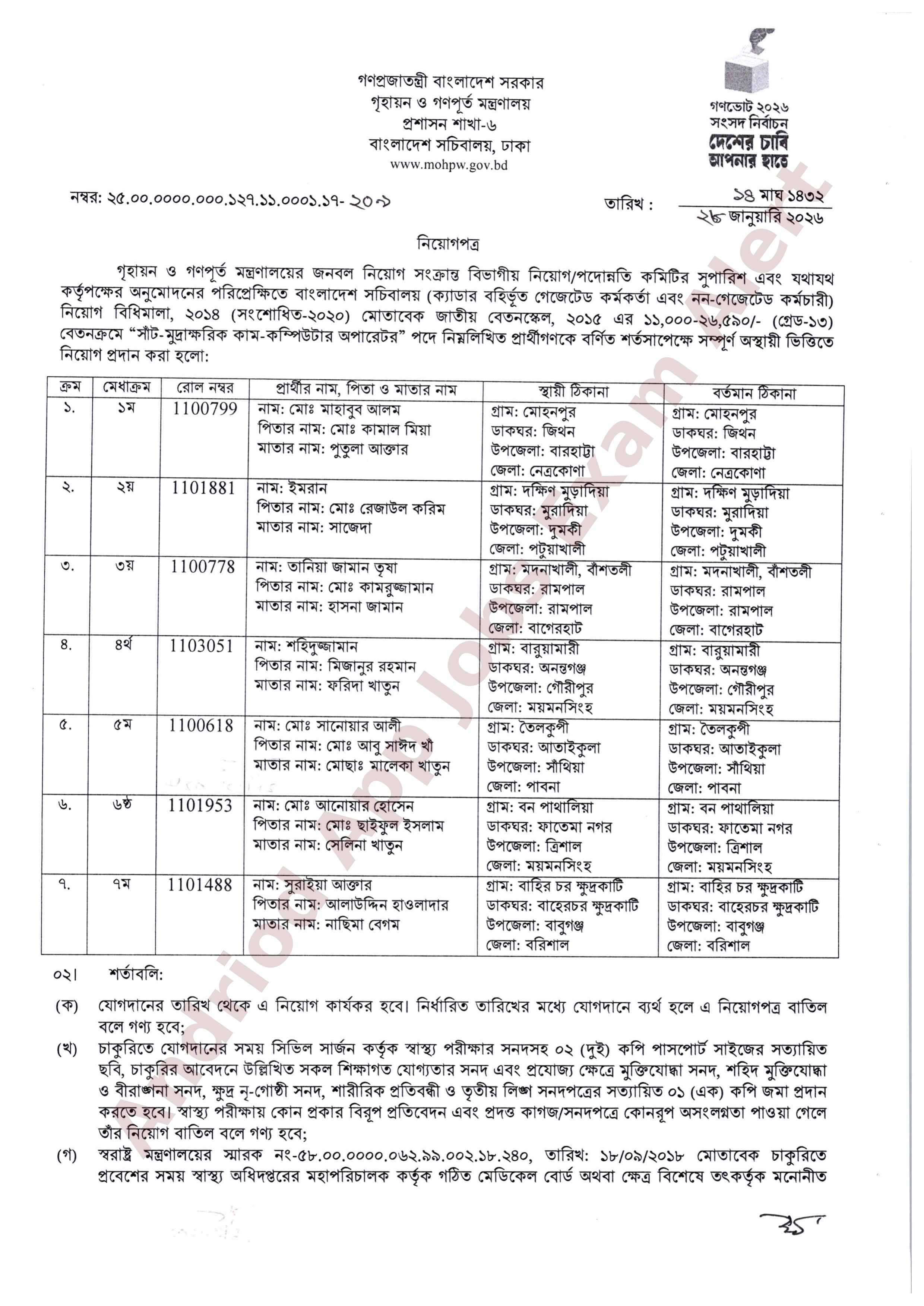 গৃহায়ন ও গণপূর্ত মন্ত্রণালয়ের নিয়োগ পরীক্ষার ফলাফল ও চূড়ান্ত নিয়োগপত্র প্রকাশ