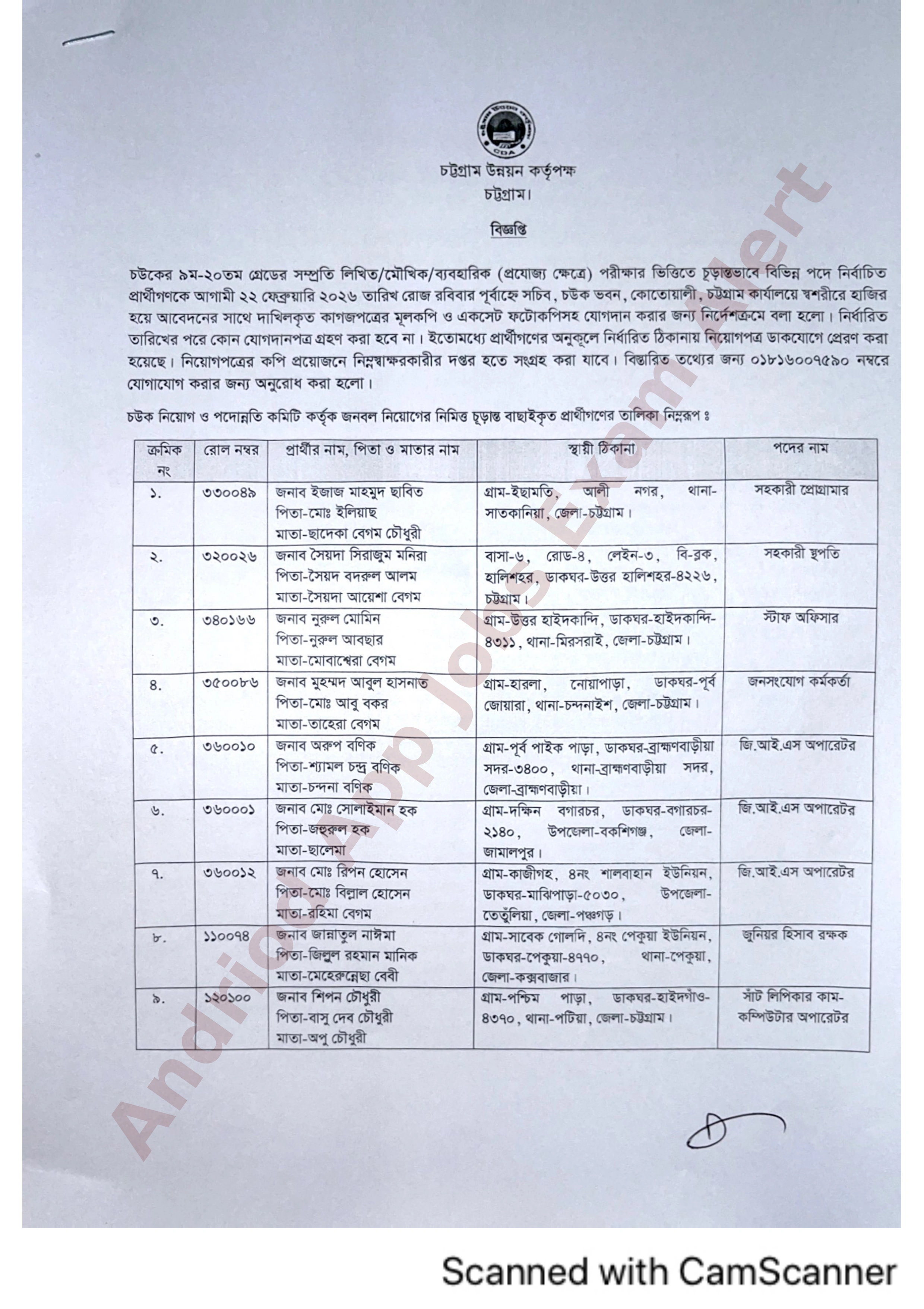 চট্টগ্রাম উন্নয়ন কর্তৃপক্ষের (সিডিএ) বিভিন্ন পদে নিয়োগের চূড়ান্ত ফলাফল প্রকাশ