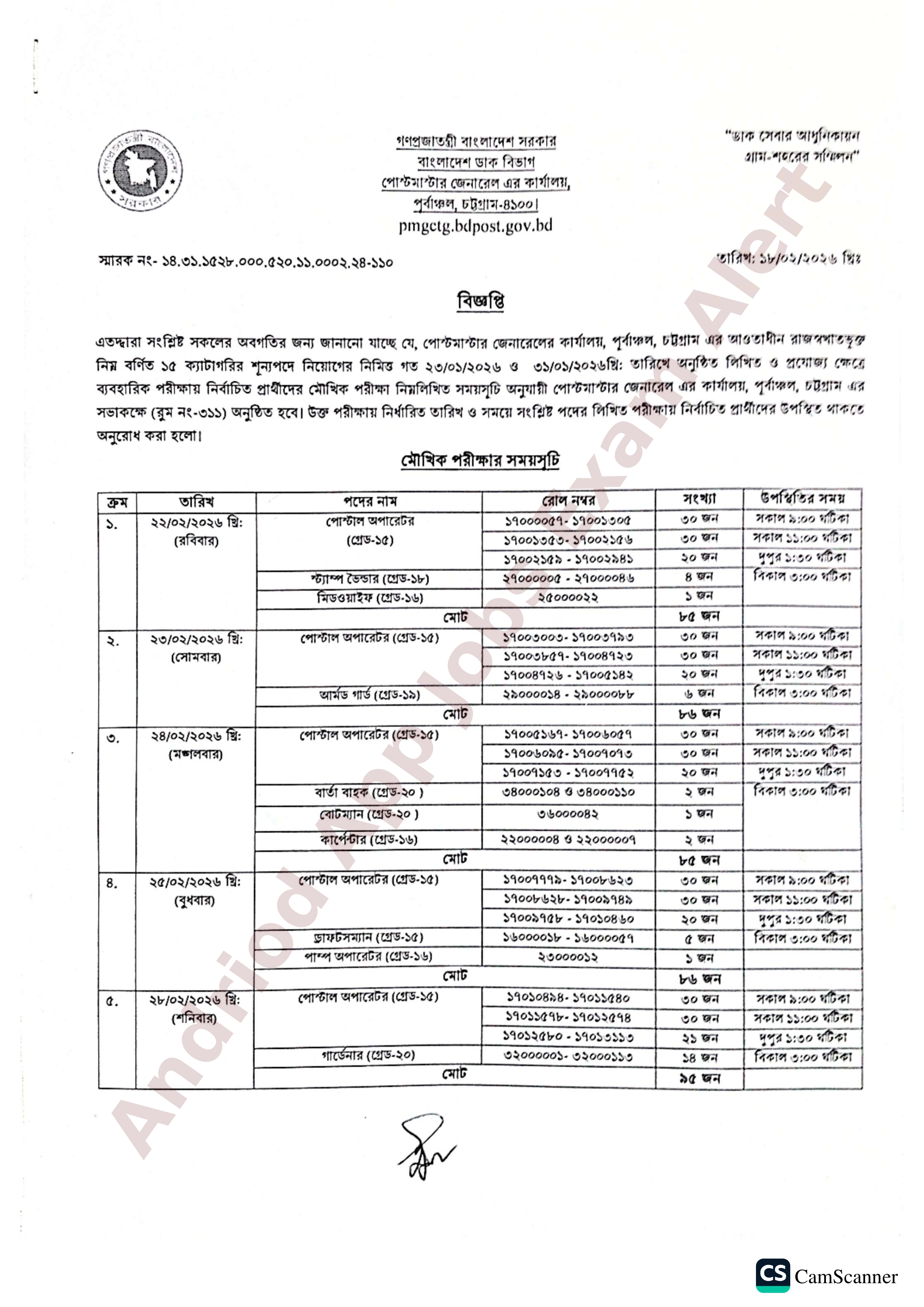 পোস্টমাস্টার জেনারেলের কার্যালয় পূর্বাঞ্চল চট্টগ্রামের বিভিন্ন পদের মৌখিক পরীক্ষার সময়সূচি প্রকাশ