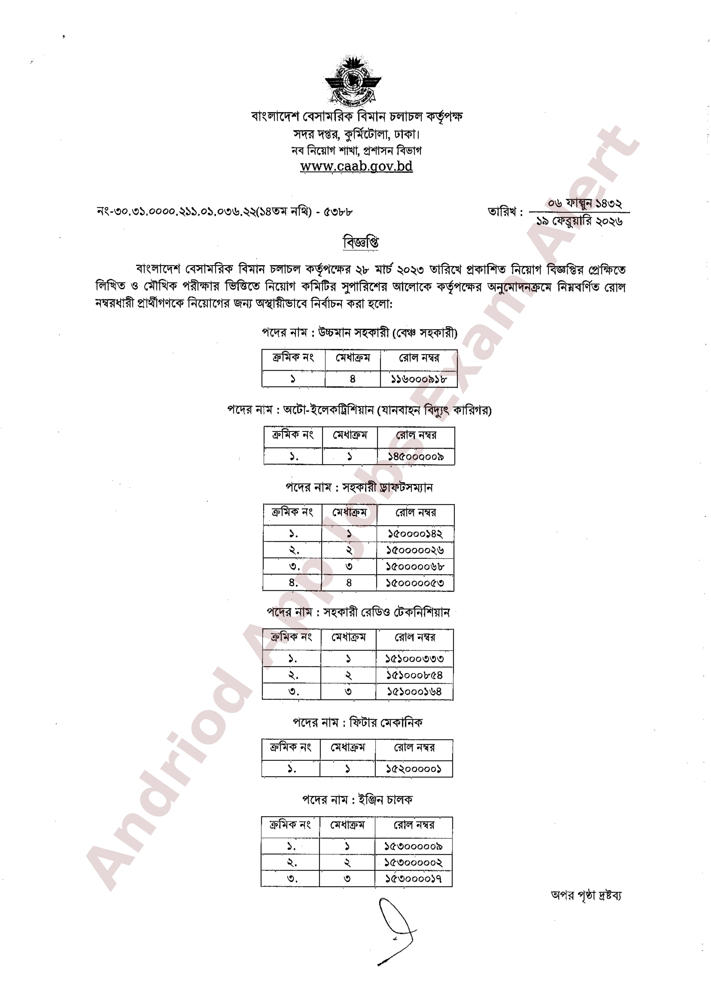 বাংলাদেশ বেসামরিক বিমান চলাচল কর্তৃপক্ষের বিভিন্ন পদের নিয়োগের চূড়ান্ত ফলাফল প্রকাশ