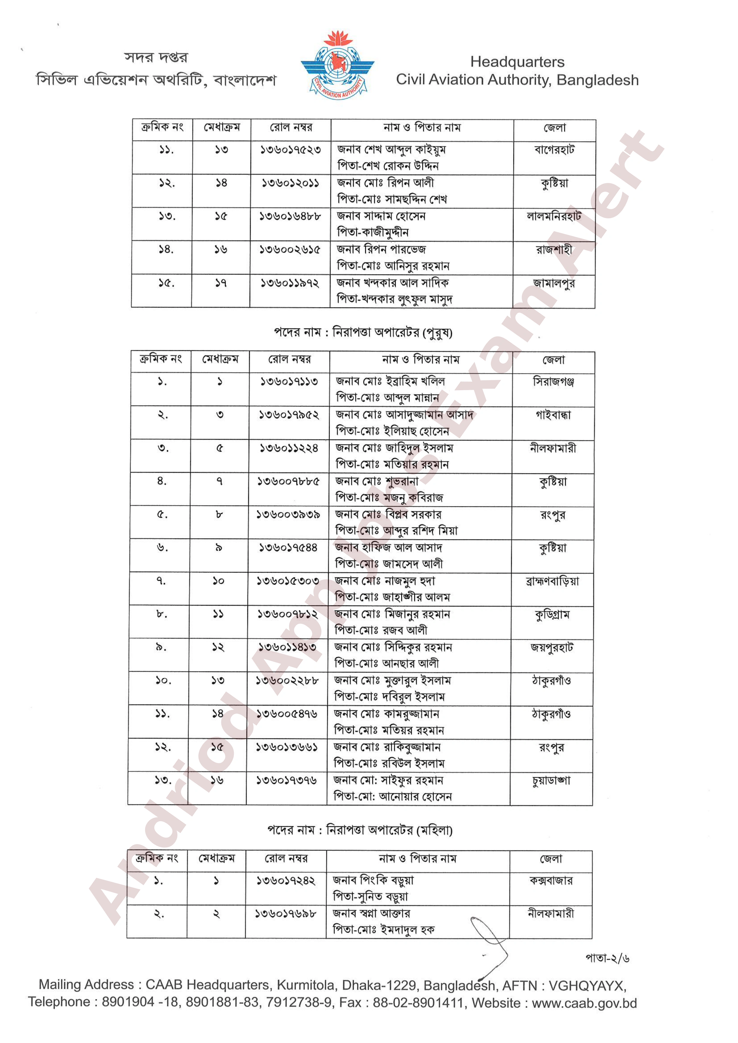 বাংলাদেশ বেসামরিক বিমান চলাচল কর্তৃপক্ষের চূরান্ত ফলাফল প্রকাশ