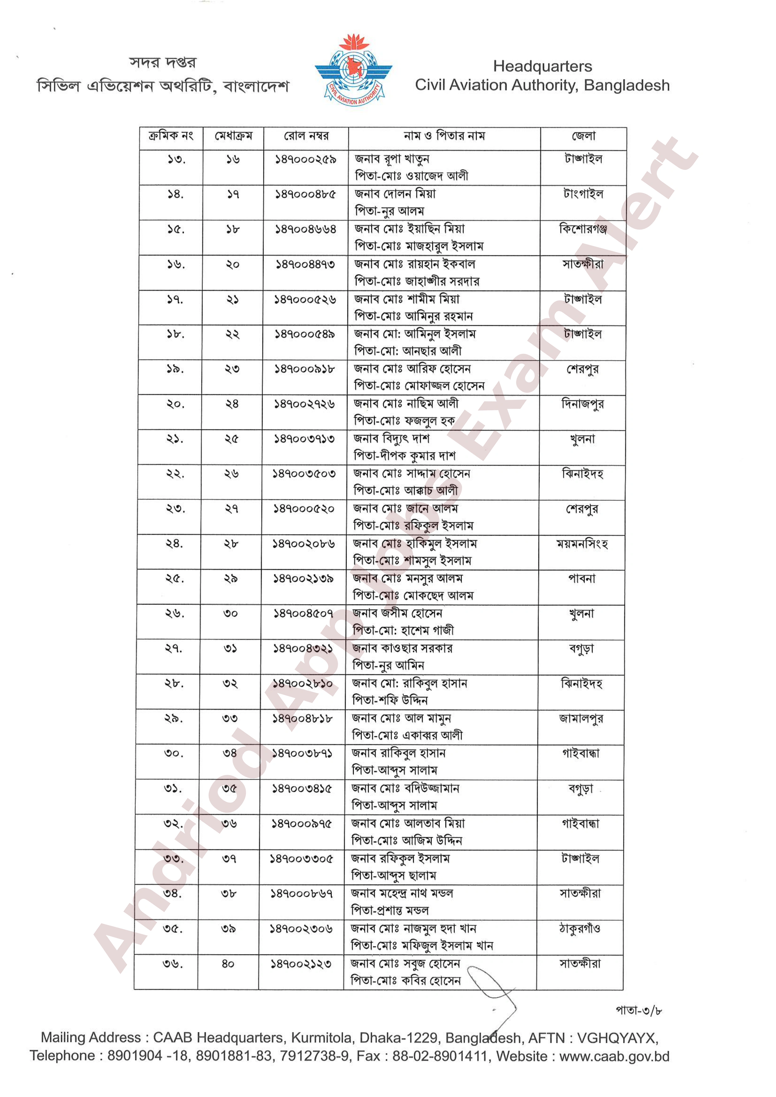 বাংলাদেশ বেসামরিক বিমান চলাচল কর্তৃপক্ষের চূরান্ত ফলাফল প্রকাশ