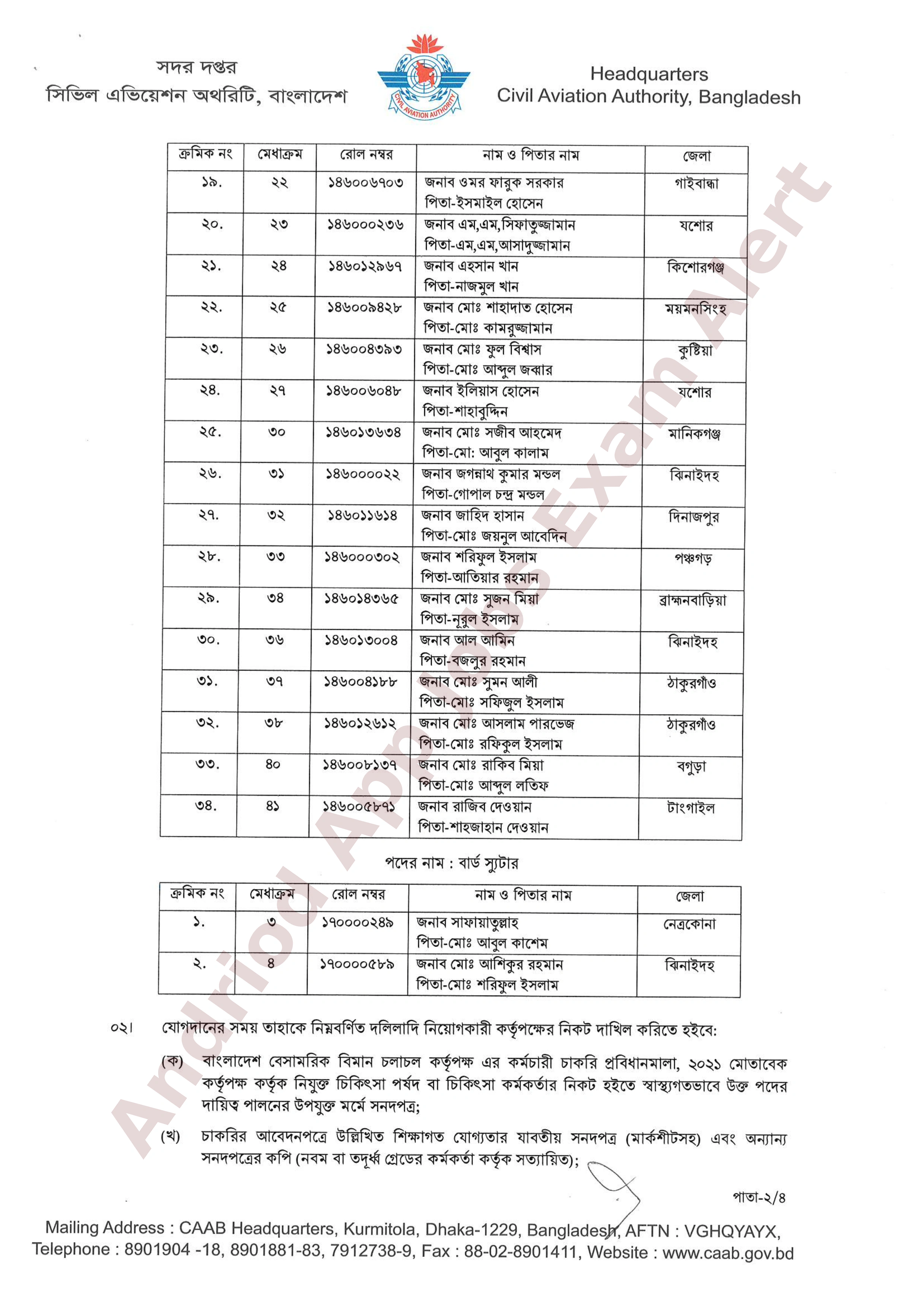 বাংলাদেশ বেসামরিক বিমান চলাচল কর্তৃপক্ষের চূরান্ত ফলাফল প্রকাশ