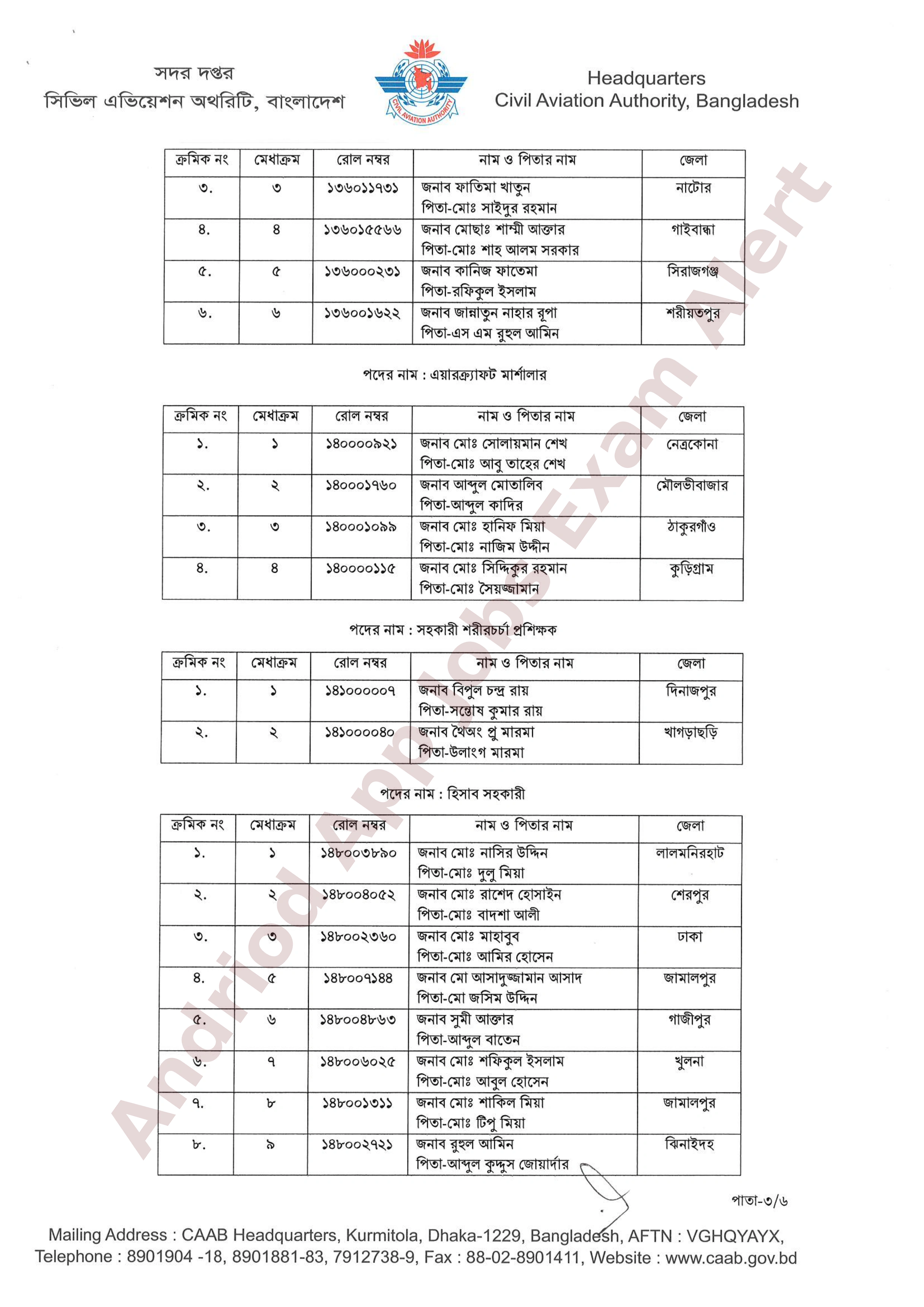 বাংলাদেশ বেসামরিক বিমান চলাচল কর্তৃপক্ষের চূরান্ত ফলাফল প্রকাশ