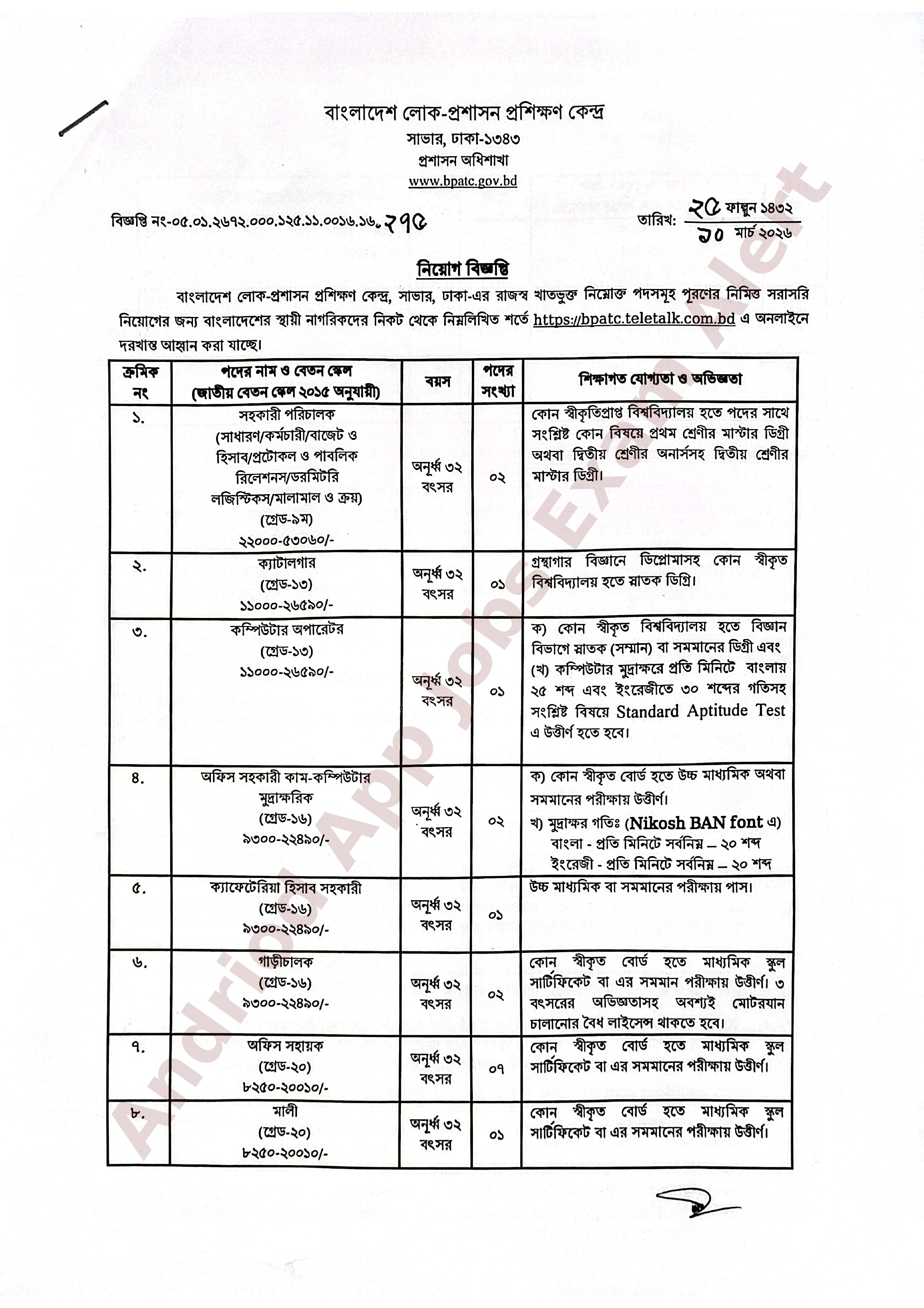বাংলাদেশ লোক-প্রশাসন প্রশিক্ষণ কেন্দ্রের নতুন নিয়োগ বিজ্ঞপ্তি প্রকাশ