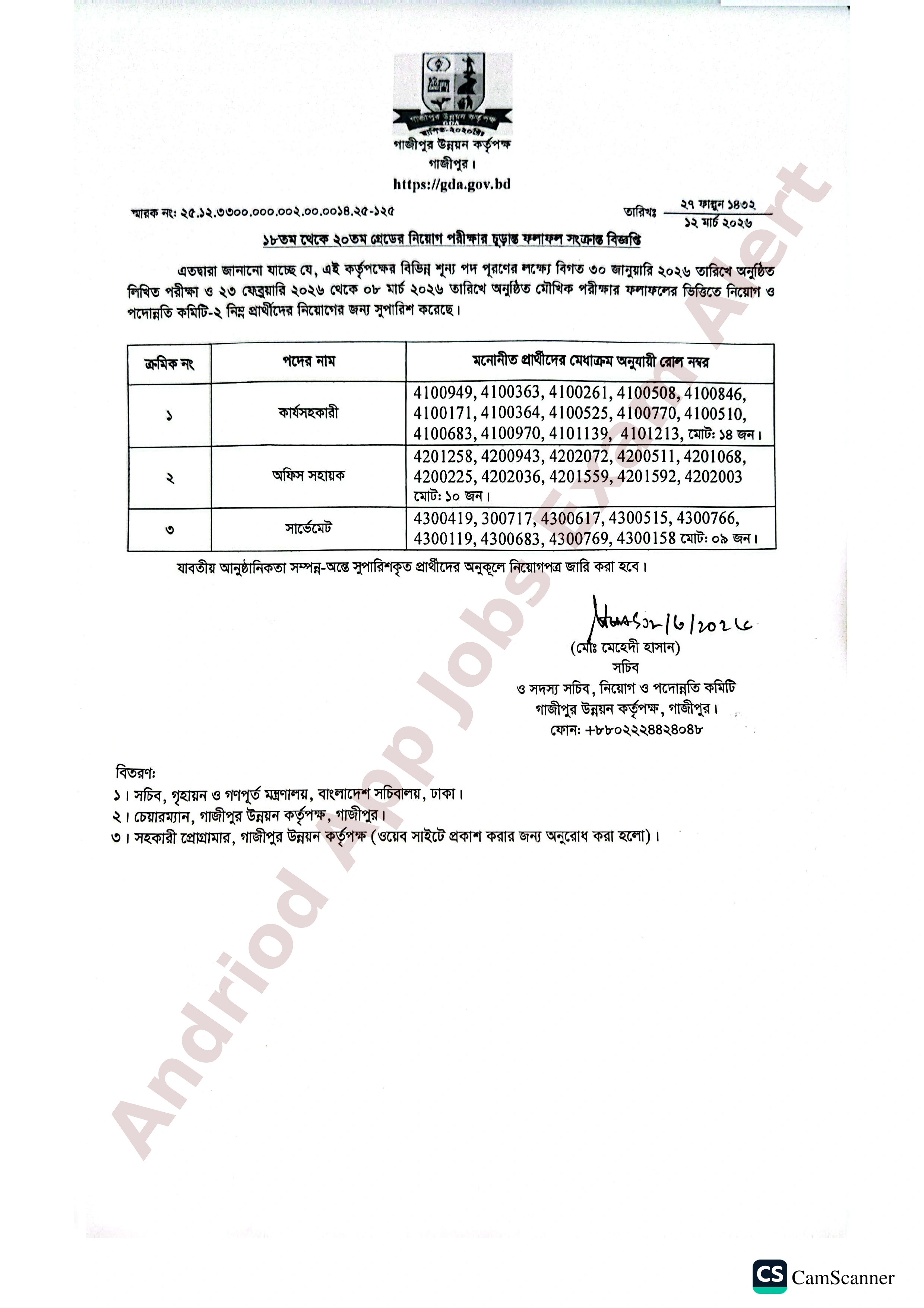 গাজীপুর উন্নয়ন কর্তৃপক্ষের নিয়োগ পরীক্ষার চূড়ান্ত ফলাফল প্রকাশ