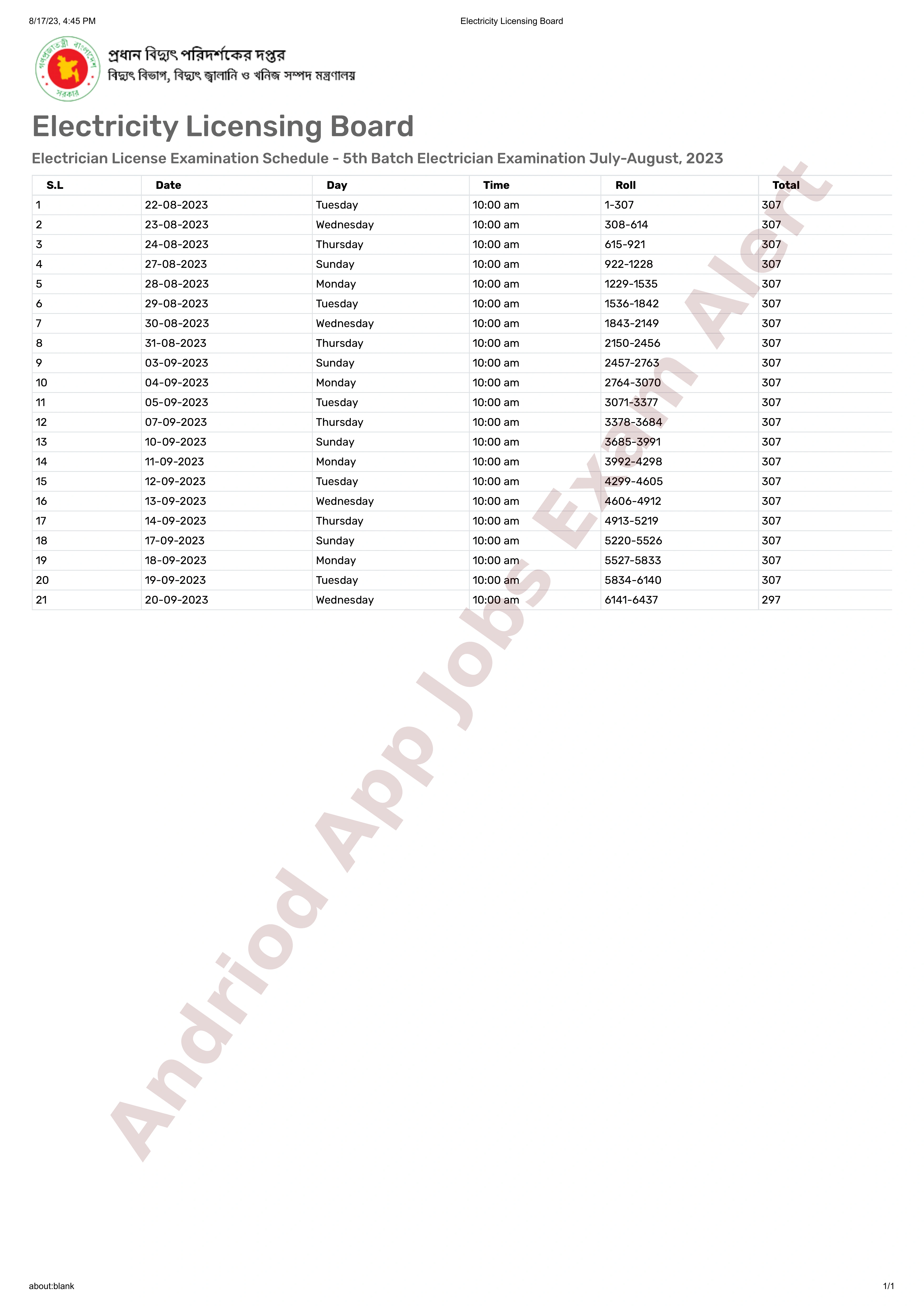 প্রধান বিদ্যুৎপরিদর্শকের দপ্তরের ইলেকট্রিশিয়ান লাইসেন্স পরীক্ষার সময়সূচী প্রকাশ