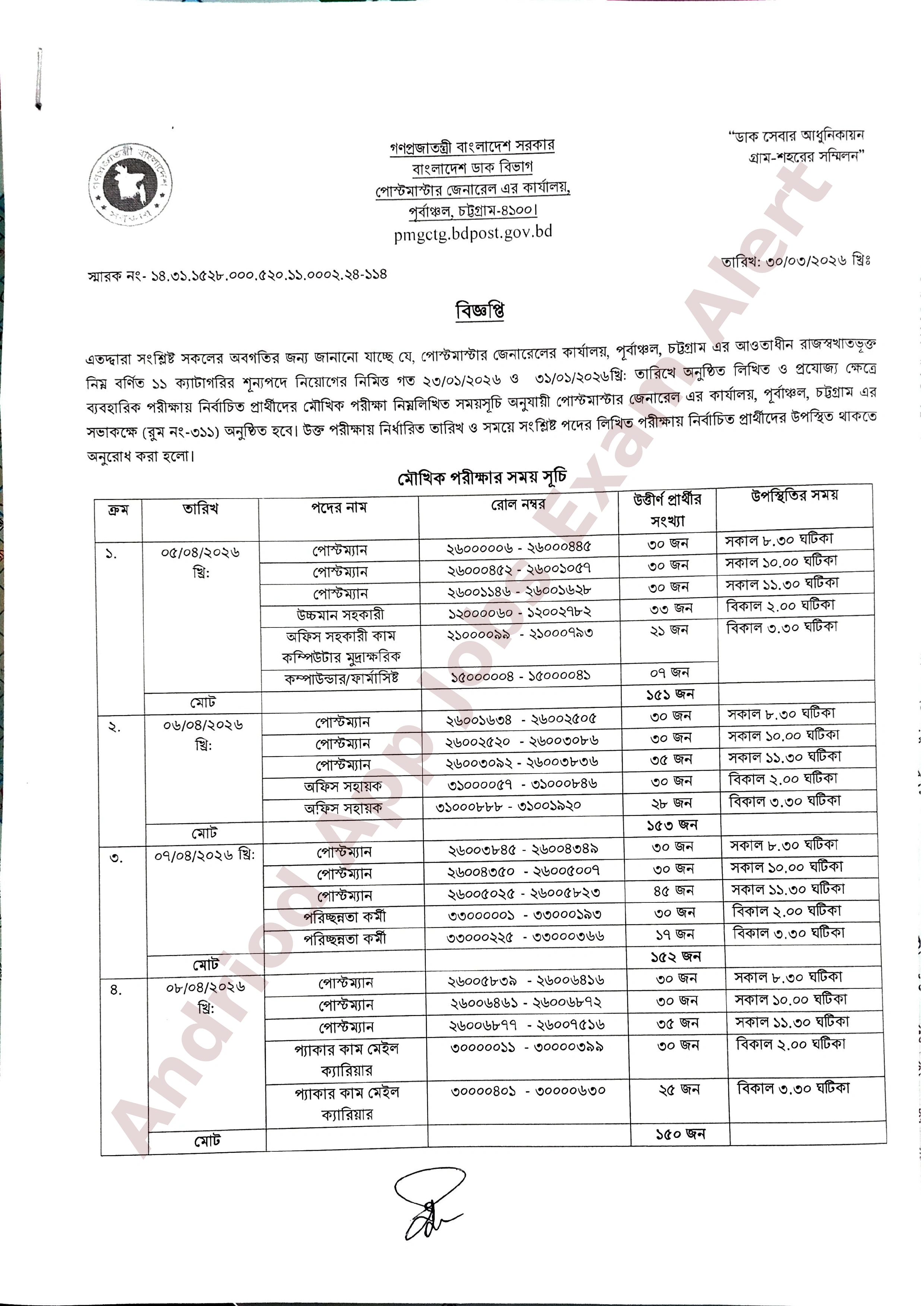 পোস্টমাস্টার জেনারেলের কার্যালয় (পূর্বাঞ্চল, চট্টগ্রাম) এর মৌখিক পরীক্ষার সময়সূচি প্রকাশ