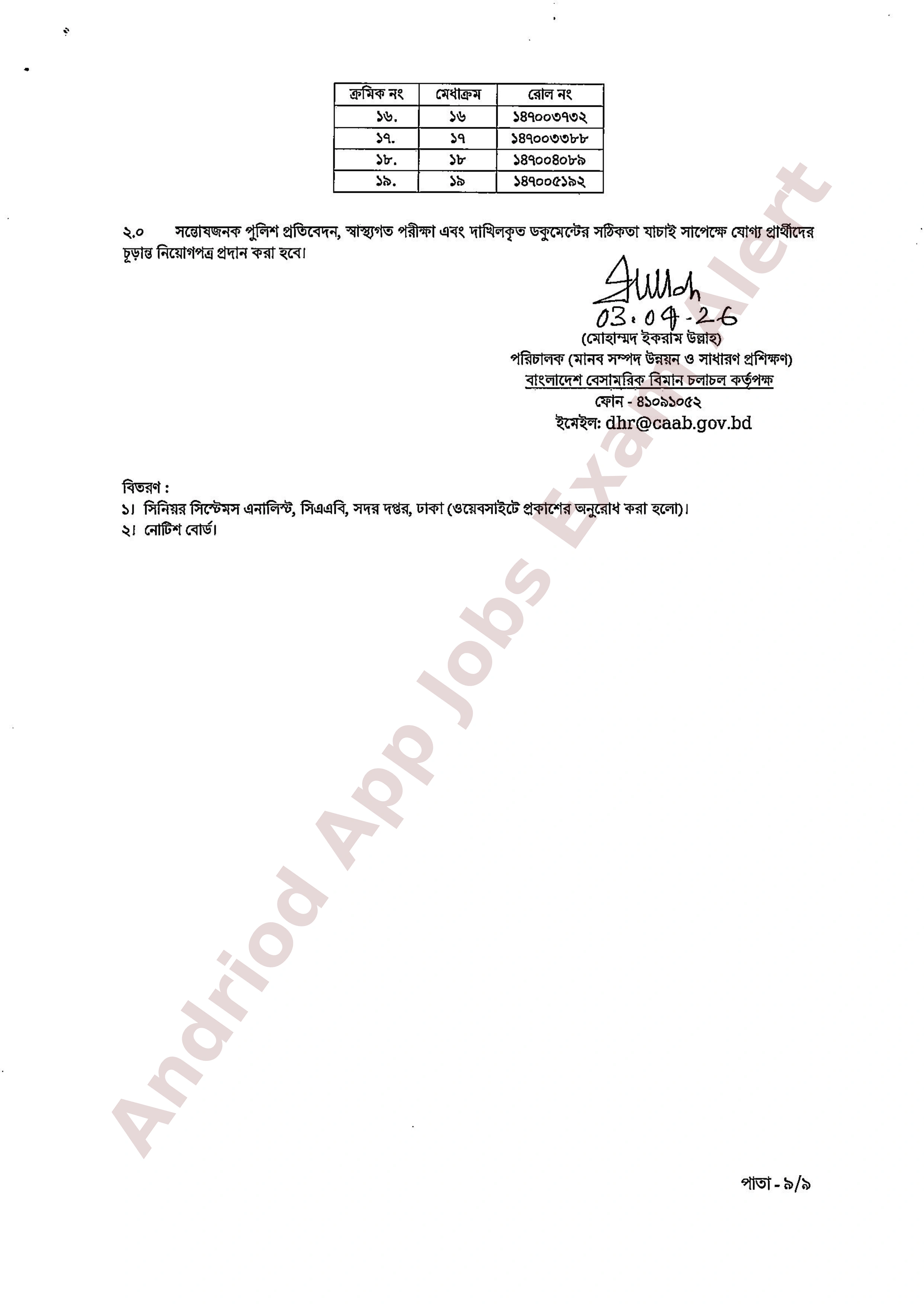 বাংলাদেশ বেসামরিক বিমান চলাচল কর্তৃপক্ষের বিভিন্ন পদের ফলাফল প্রকাশ