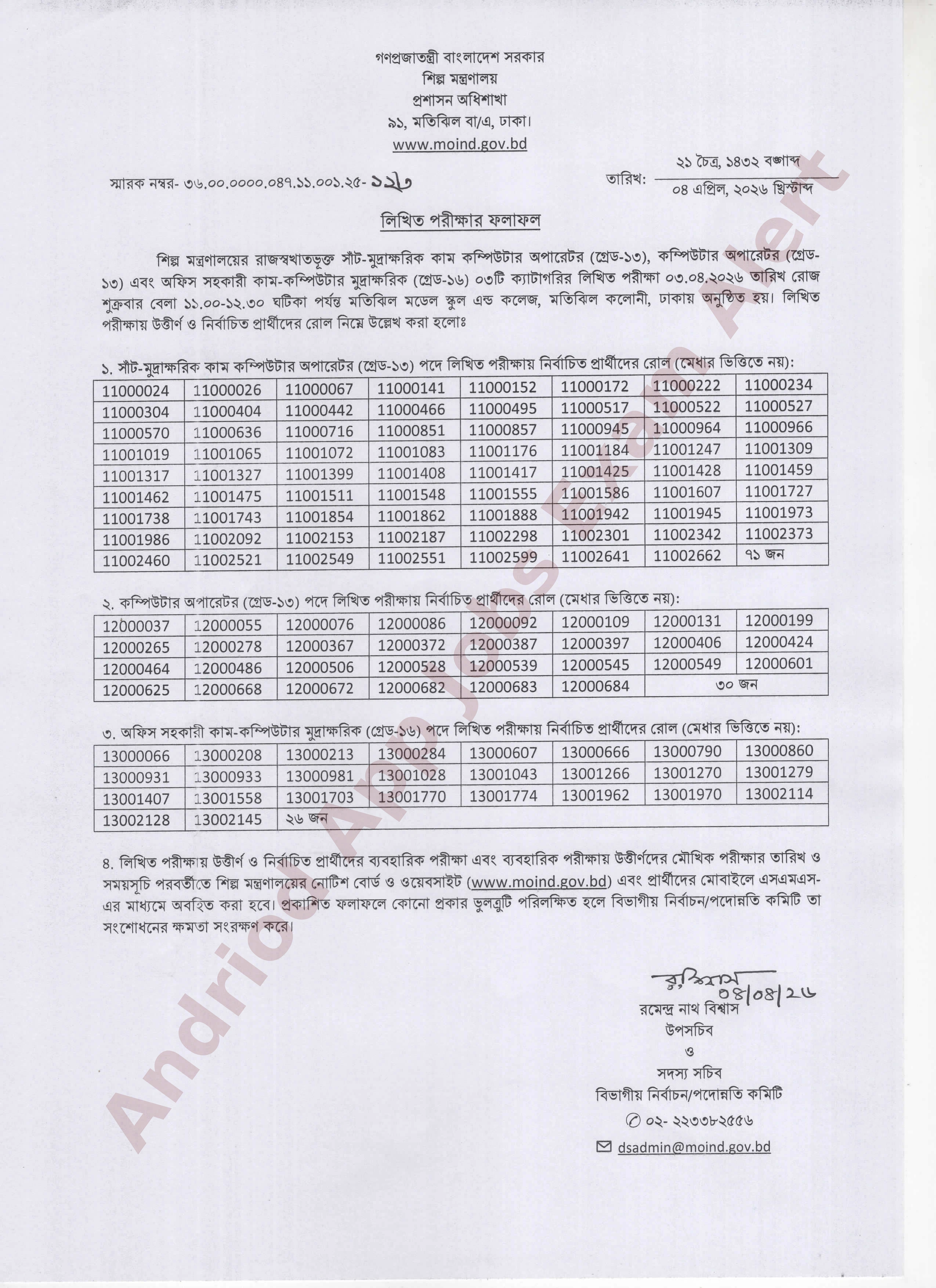 শিল্প মন্ত্রণালয়ের চাকরির লিখিত পরীক্ষার ফলাফল প্রকাশ