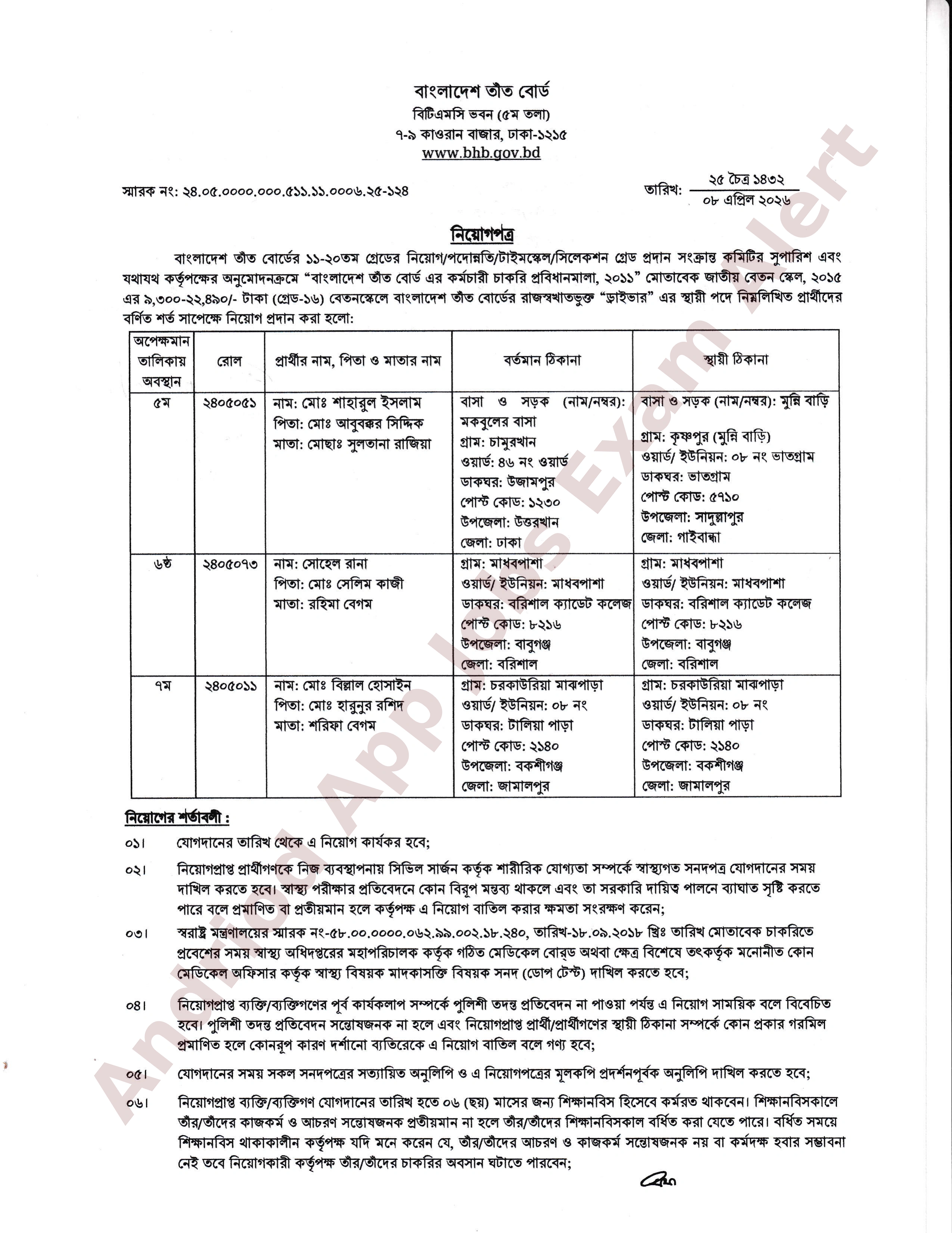 বাংলাদেশ তাঁত বোর্ডের নিয়োগপত্র প্রকাশ