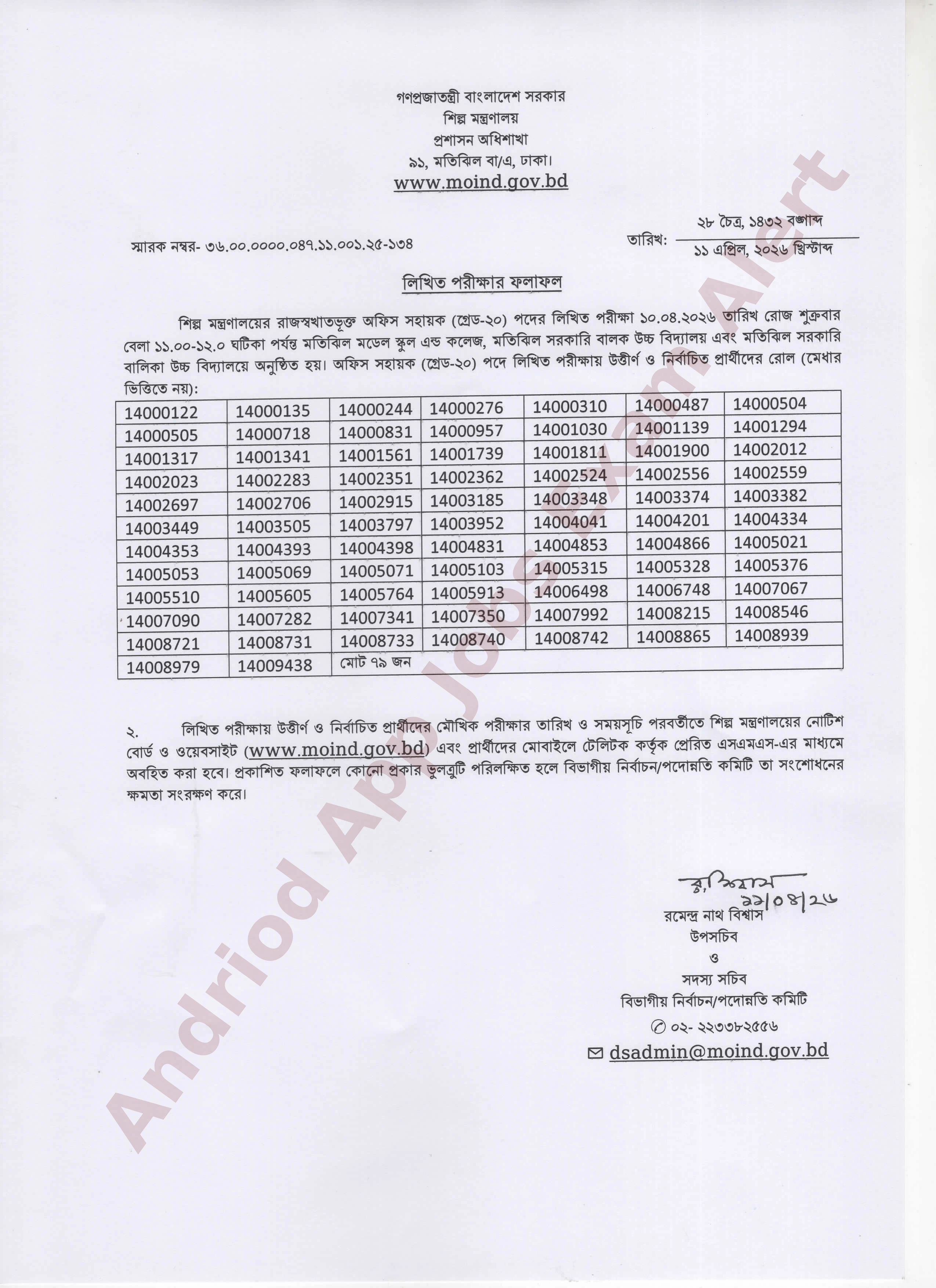 শিল্প মন্ত্রণালয়ের লিখিত পরীক্ষার ফলাফল প্রকাশ