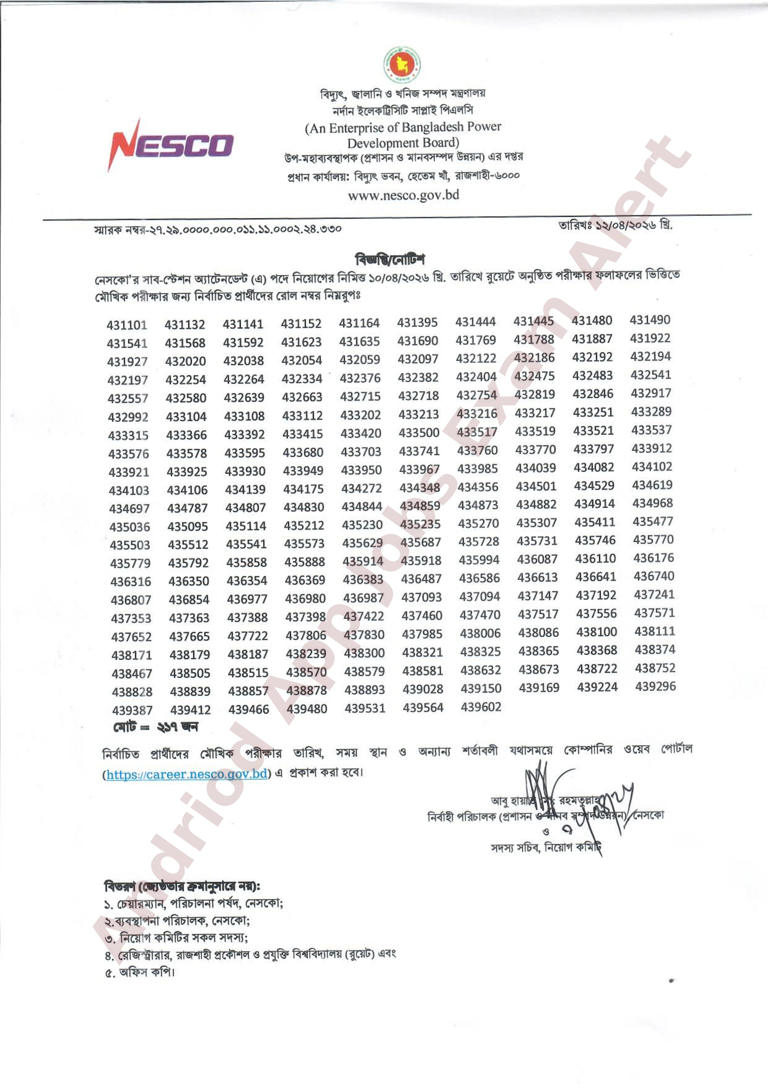 নেসকো (NESCO) এর নিয়োগ পরীক্ষার ফলাফল প্রকাশ