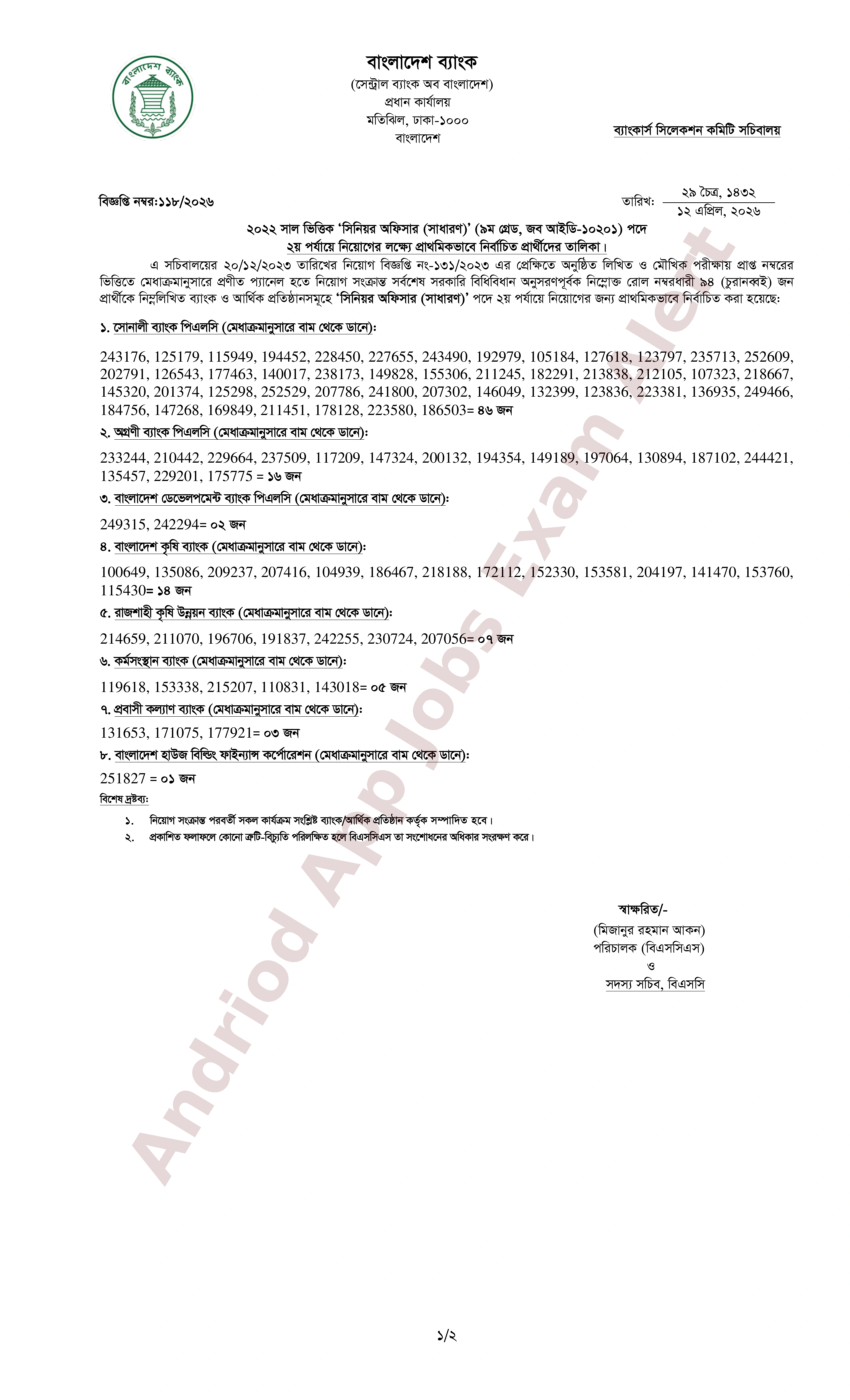ব্যাংকার্স সিলেকশন কমিটির বিভিন্ন ব্যাংকে নিয়োগের চূড়ান্ত ফলাফল প্রকাশ