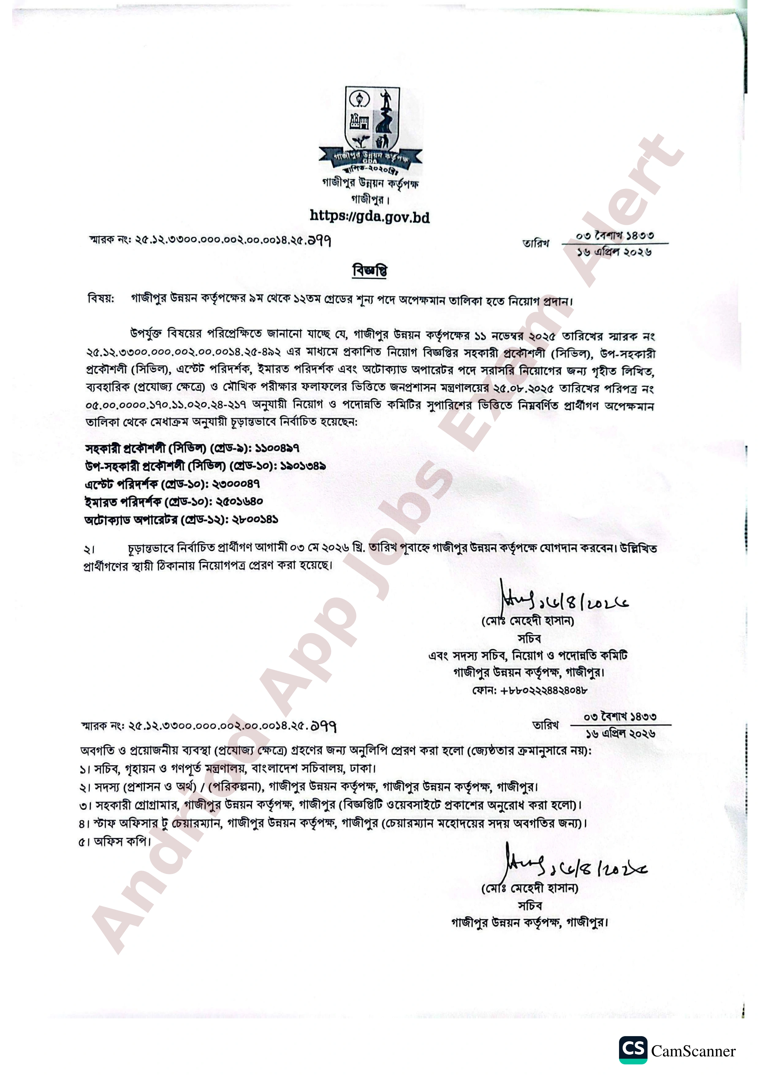 গাজীপুর উন্নয়ন কর্তৃপক্ষের বিভিন্ন পদের চূরান্ত ফলাফল প্রকাশ