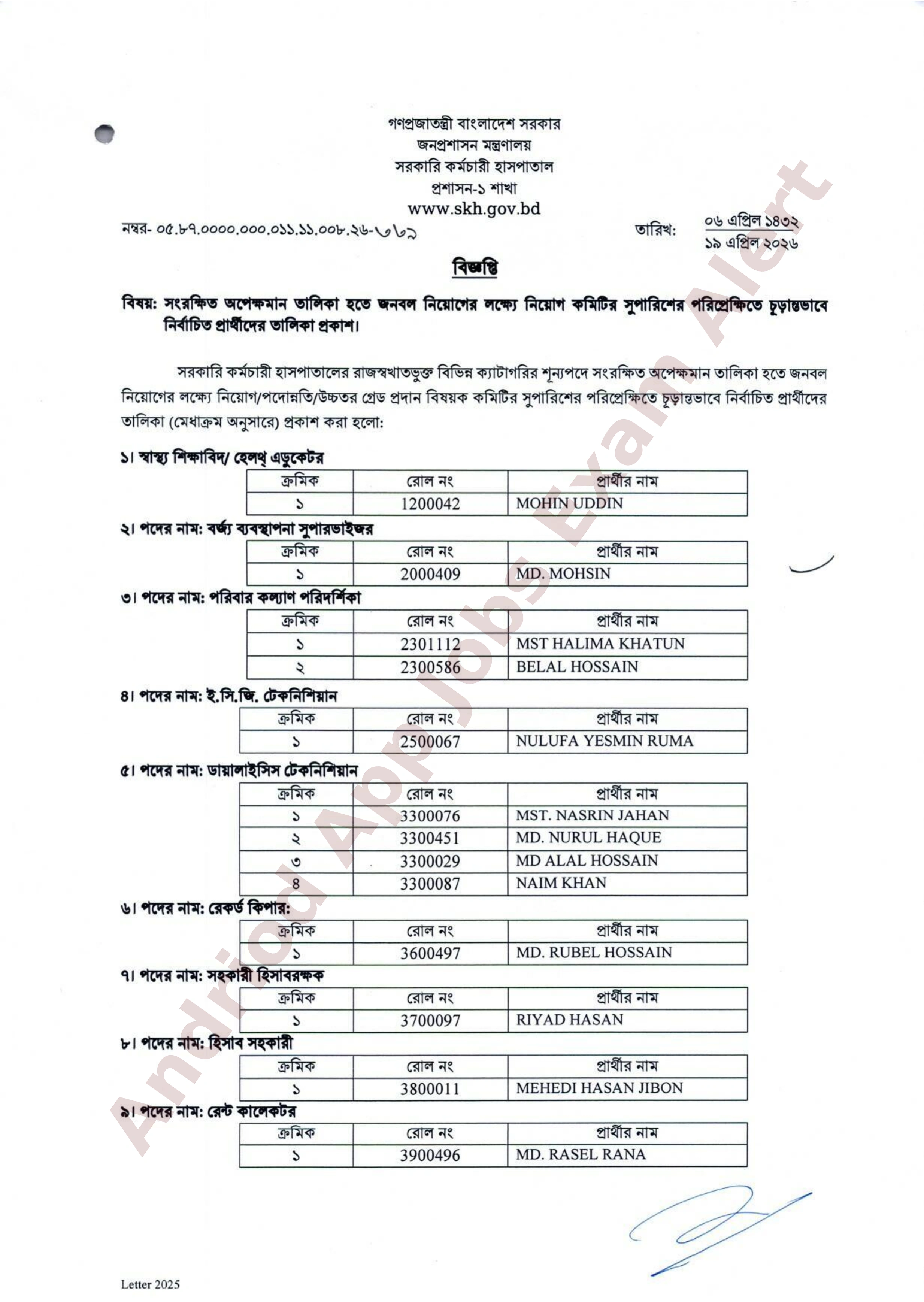 সরকারি কর্মচারী হাসপাতালের বিভিন্ন পদে নিয়োগের চূড়ান্ত ফলাফল প্রকাশ