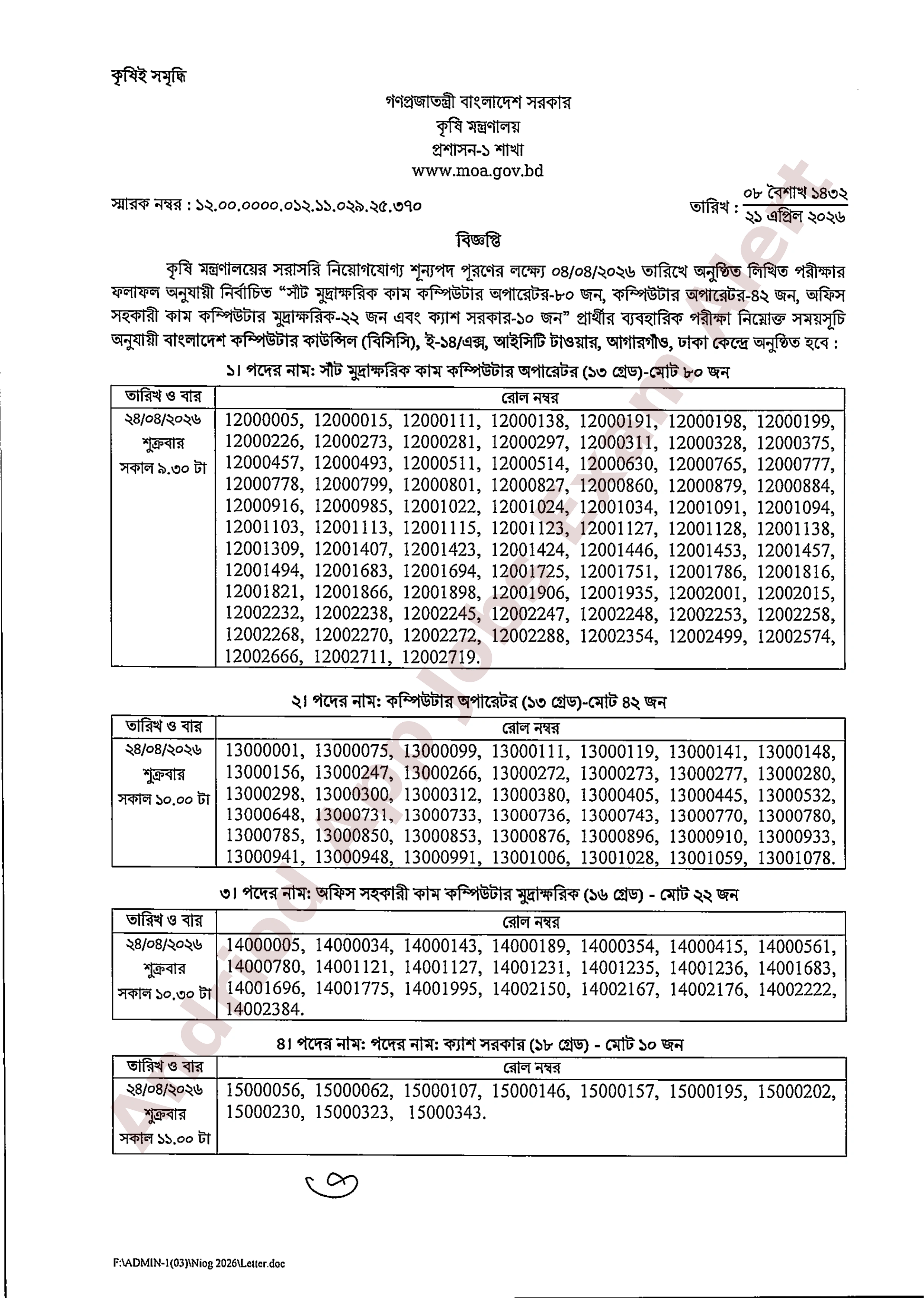 কৃষি মন্ত্রণালয়ের চাকরির ব্যবহারিক পরীক্ষার ফলাফল ও সময়সূচি প্রকাশ