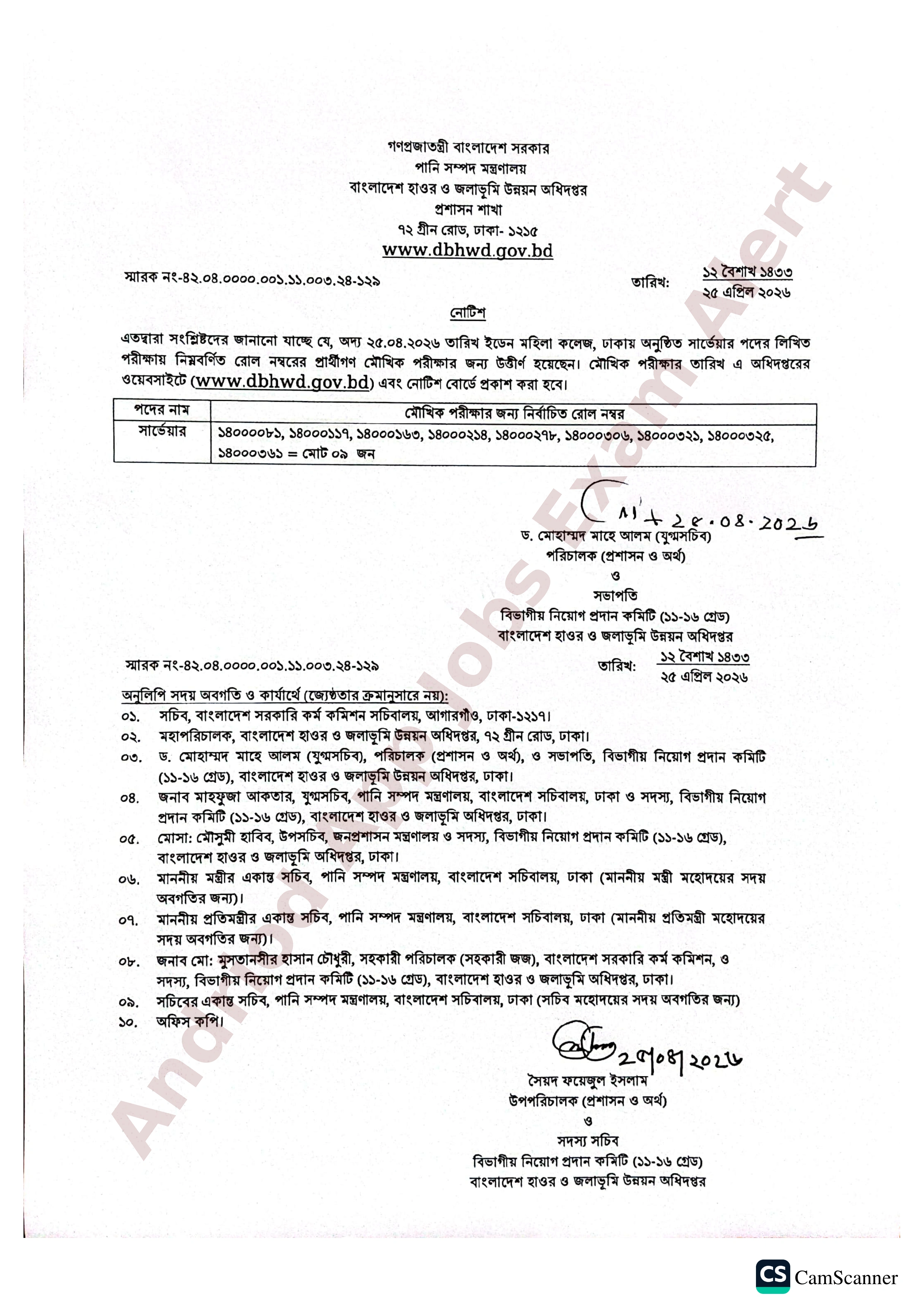 বাংলাদেশ হাওর ও জলাভূমি উন্নয়ন অধিদপ্তরের চাকরির পরীক্ষার ফলাফল প্রকাশ