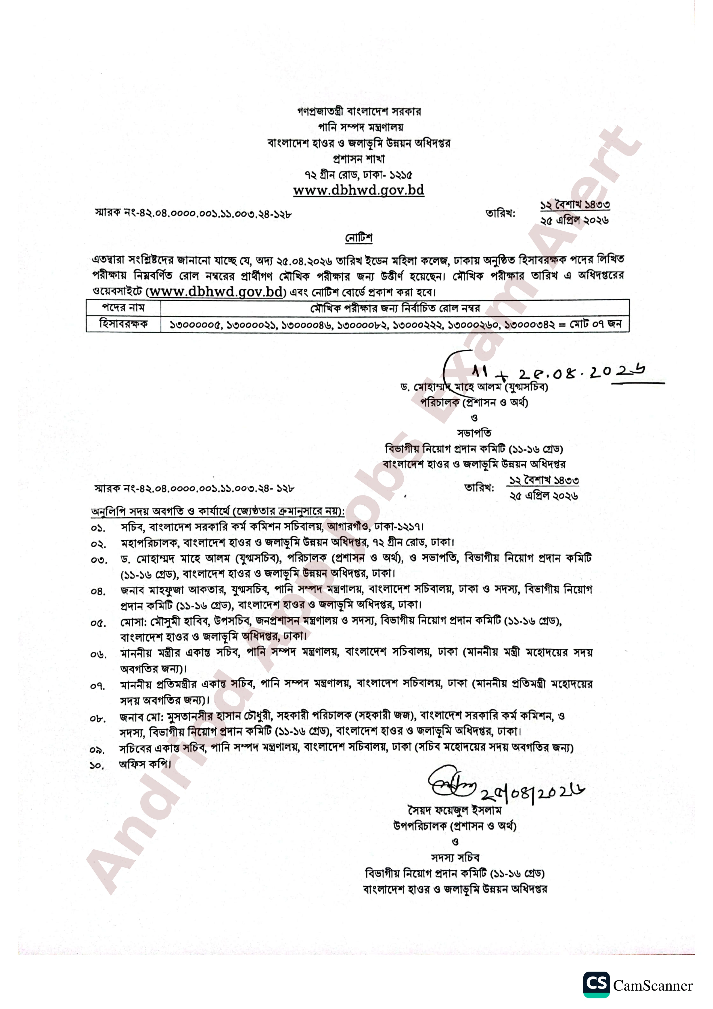 বাংলাদেশ হাওর ও জলাভূমি উন্নয়ন অধিদপ্তরের চাকরির পরীক্ষার ফলাফল প্রকাশ