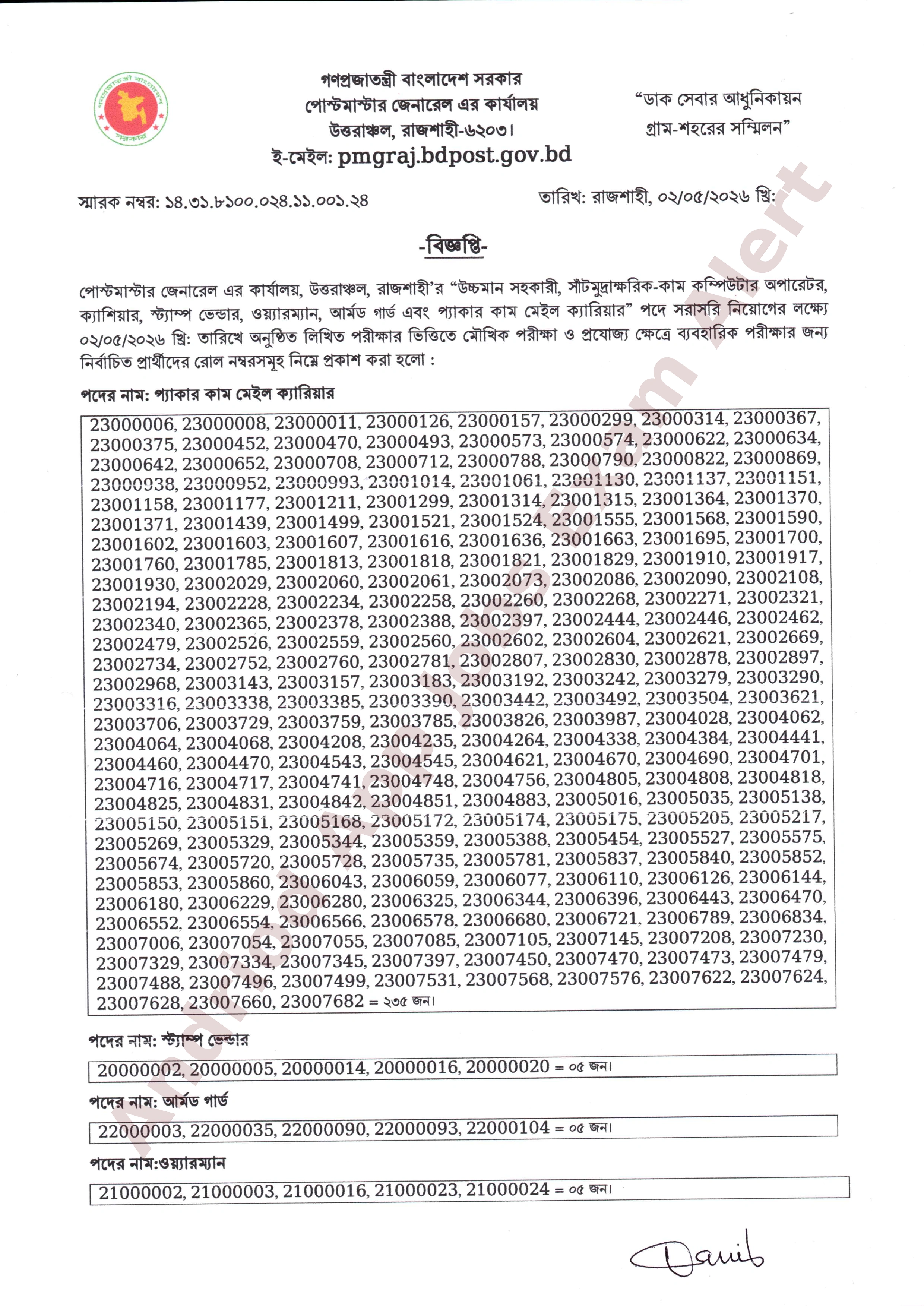 পোস্টমাস্টার জেনারেল কার্যালয় উত্তরাঞ্চল রাজশাহীর নিয়োগ পরীক্ষার ফলাফল প্রকাশ