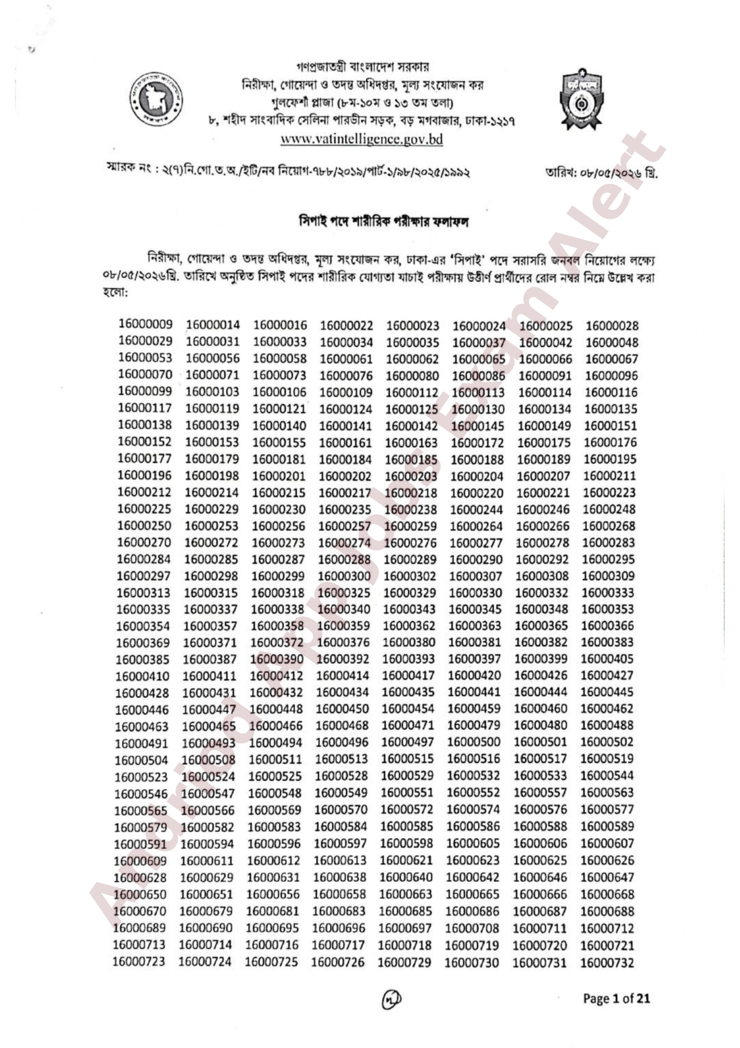 নিরীক্ষা, গোয়েন্দা ও তদন্ত অধিদপ্তর (ভ্যাট)-এর শারীরিক পরীক্ষার ফলাফল প্রকাশ