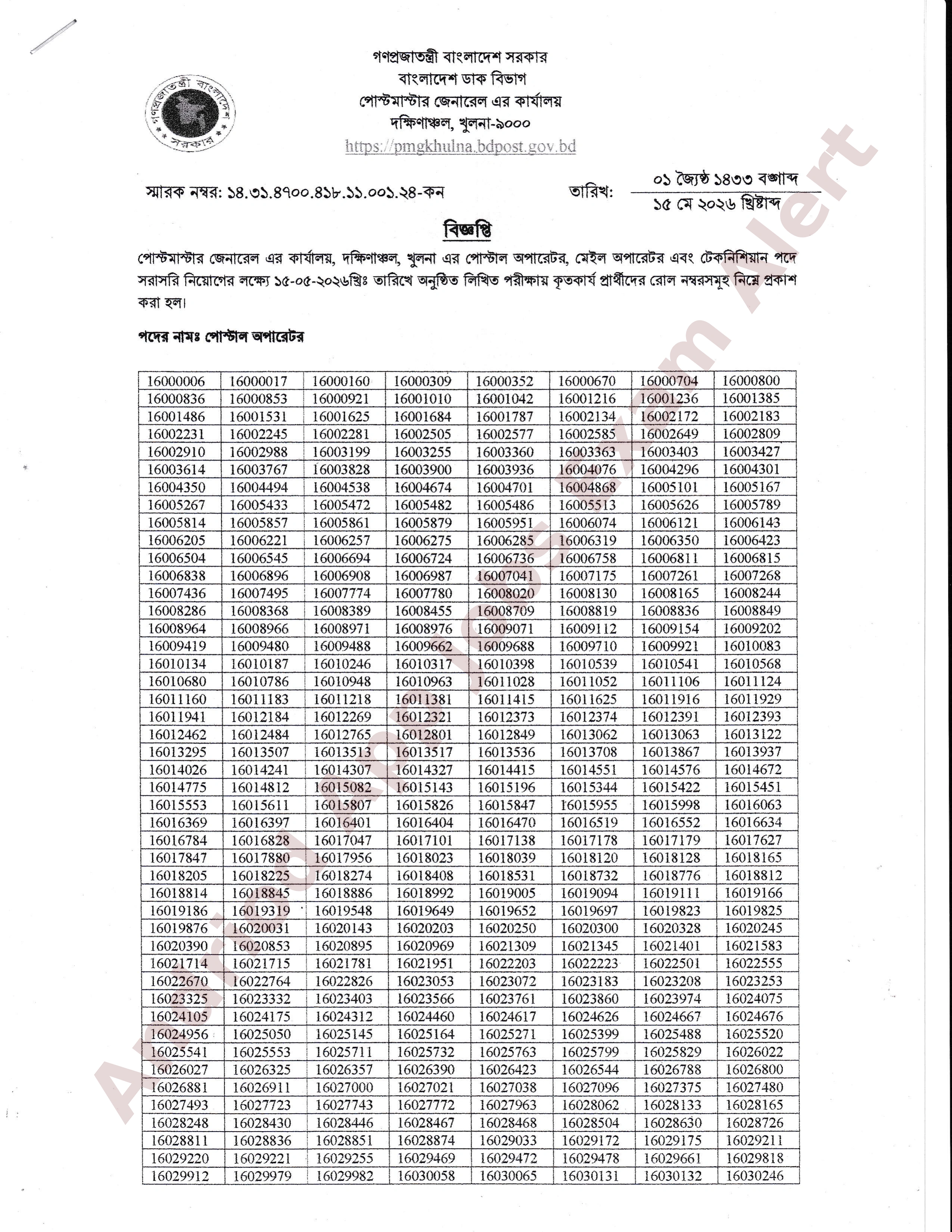 পোস্টমাস্টার জেনারেল এর কার্যালয় (খুলনা দক্ষিণাঞ্চল)-এর লিখিত পরীক্ষার ফলাফল প্রকাশ