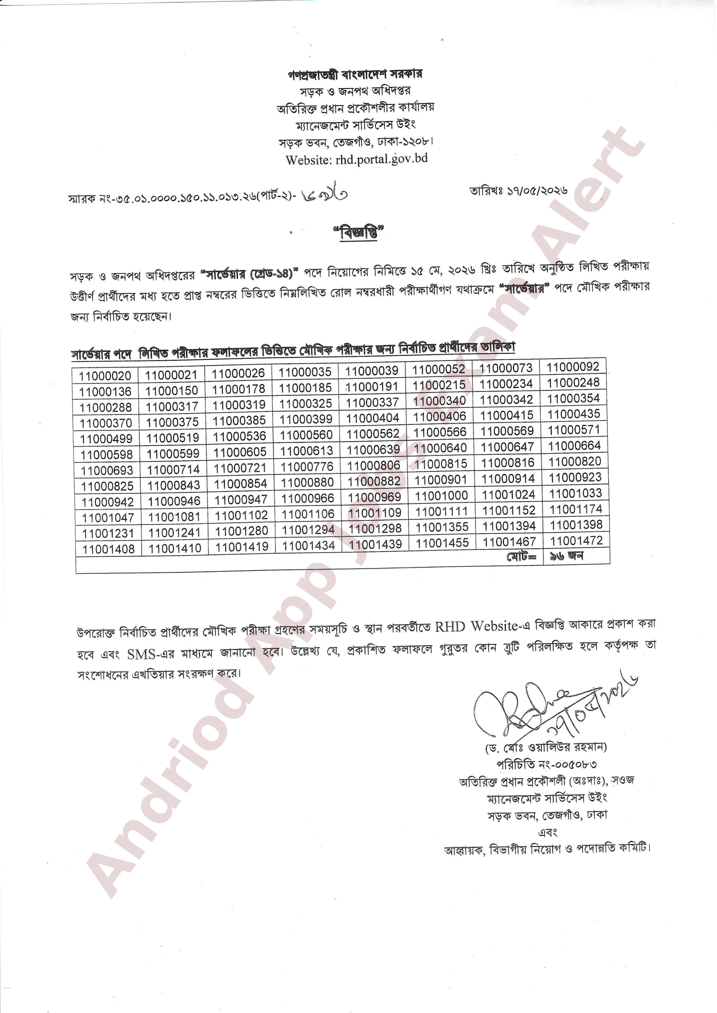 সড়ক ও জনপথ অধিদপ্তরের লিখিত পরীক্ষার ফলাফল প্রকাশ