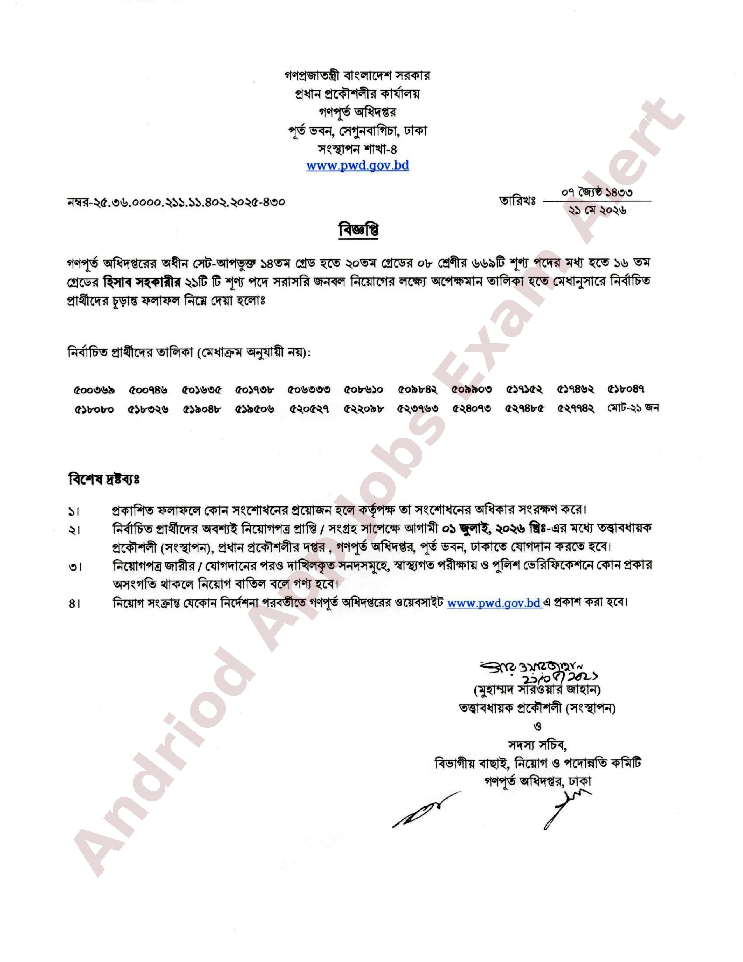 গণপূর্ত অধিদপ্তরের নিয়োগ পরীক্ষার চূড়ান্ত ফলাফল প্রকাশ