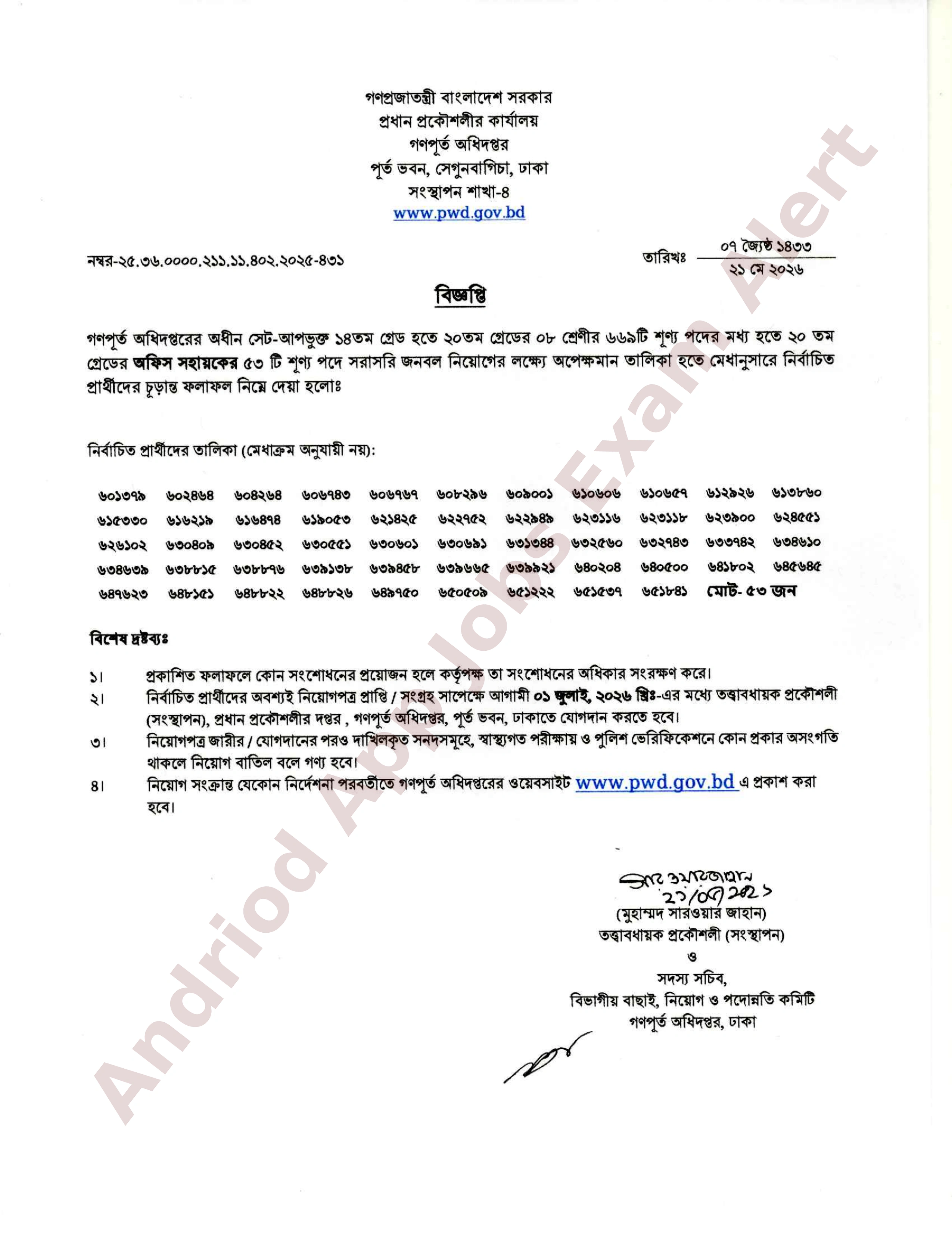 ৫৩ পদে গণপূর্ত অধিদপ্তরের অপেক্ষমান তালিকা হতে ফলাফল প্রকাশ