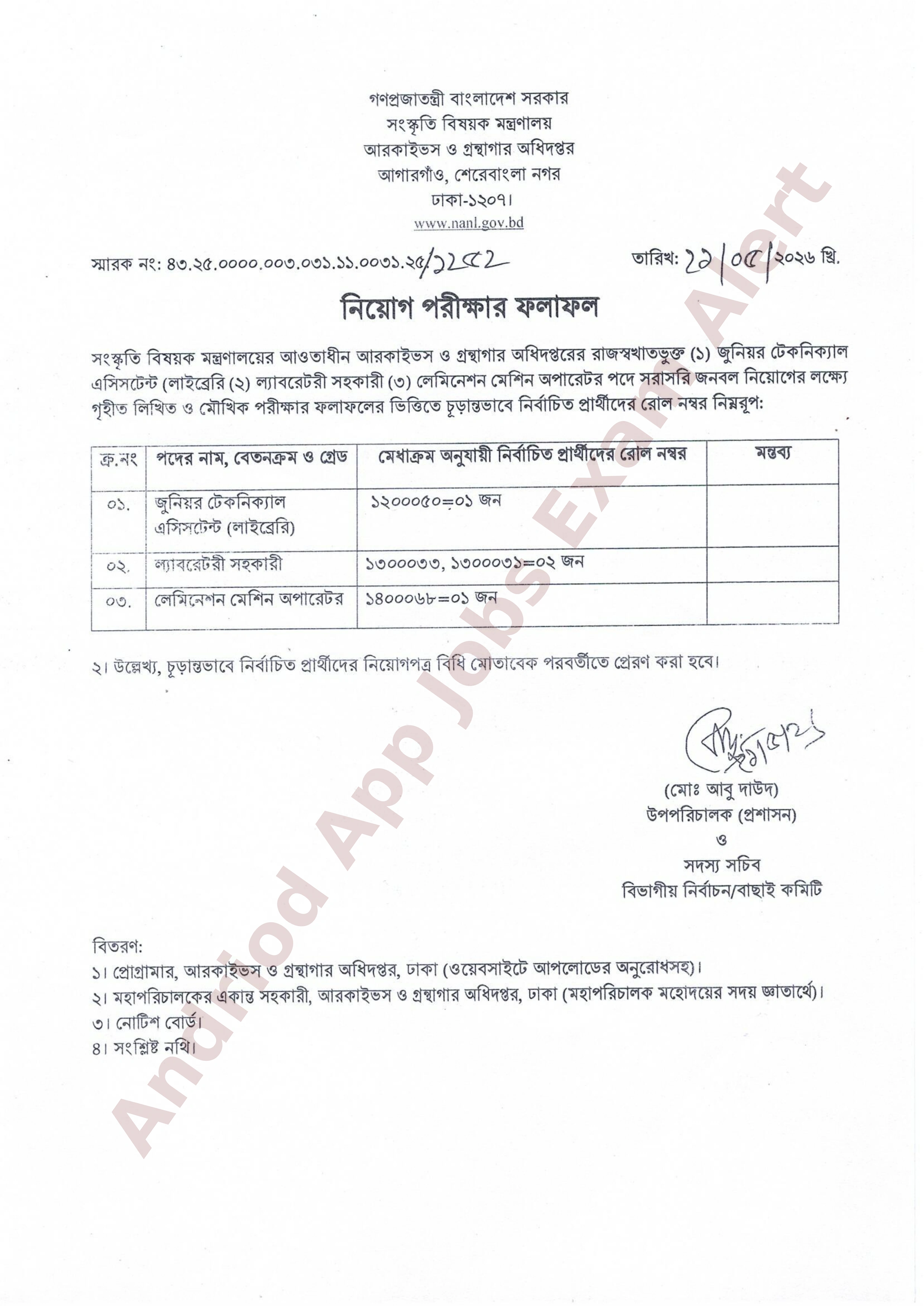 আরকাইভস ও গ্রন্থাগার অধিদপ্তরের নিয়োগ পরীক্ষার চূড়ান্ত ফলাফল প্রকাশ