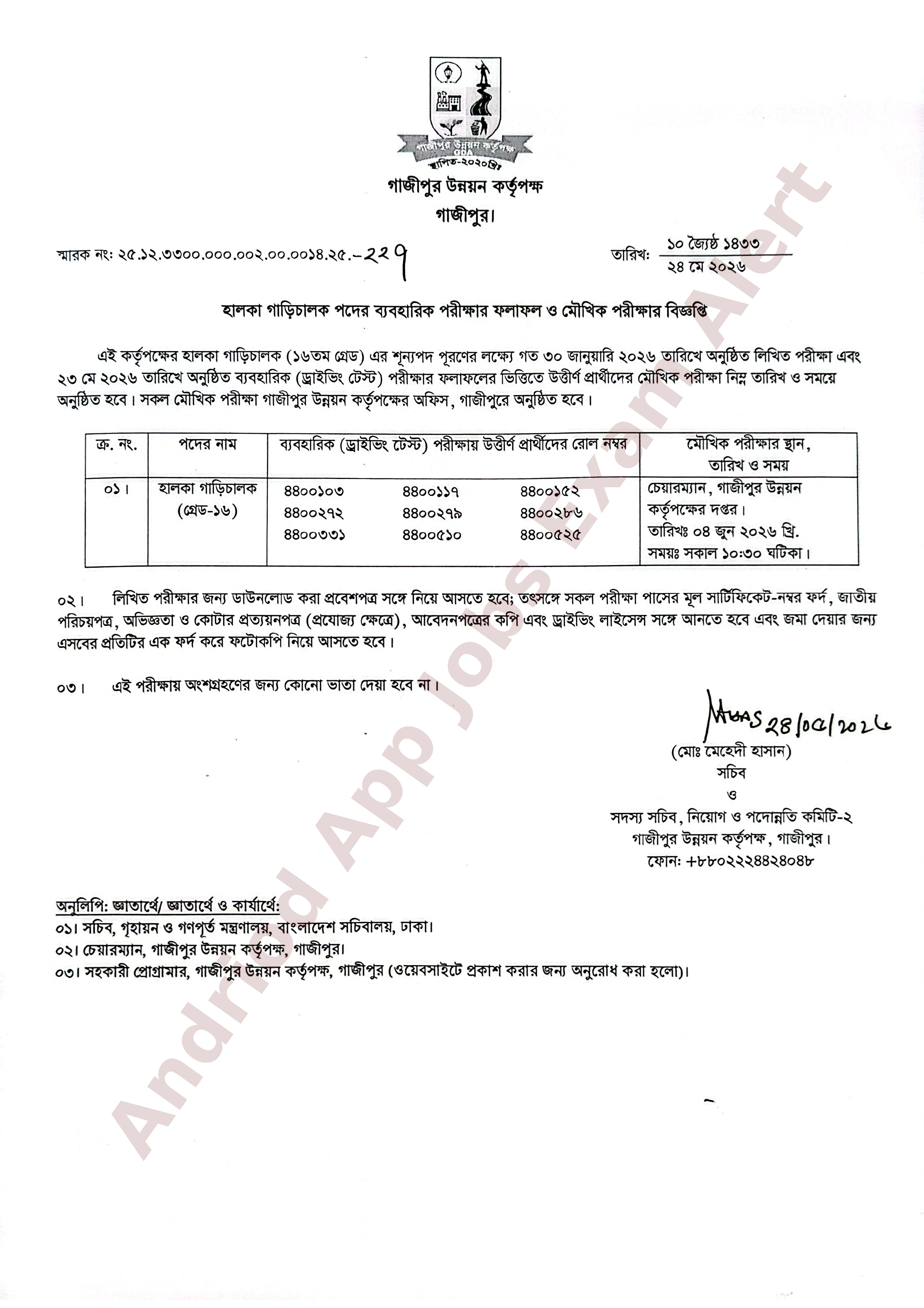 গাজীপুর উন্নয়ন কর্তৃপক্ষের চাকরির পরীক্ষার ফলাফল ও মৌখিক পরীক্ষার সময়সূচি প্রকাশ