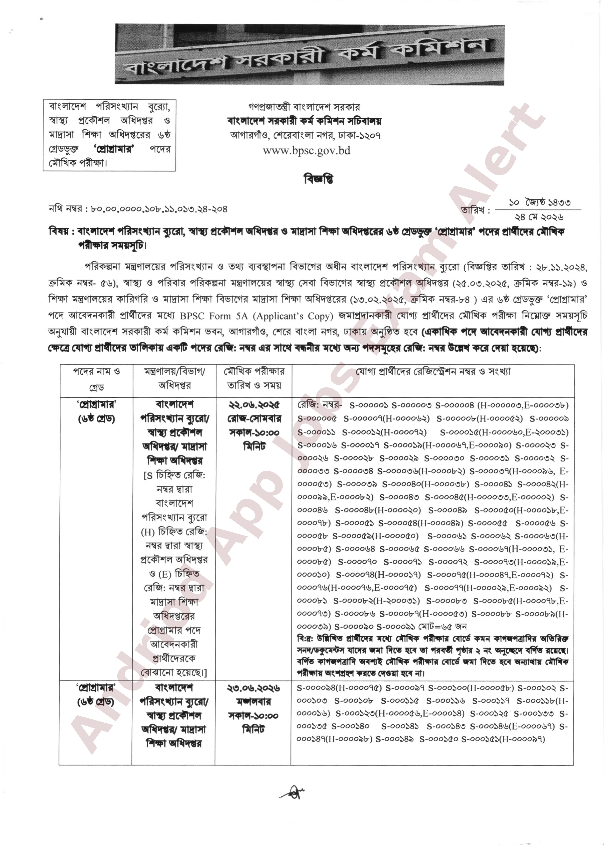বাংলাদেশ সরকারি কর্ম কমিশনের বিভিন্ন দপ্তরের প্রোগ্রামার পদের মৌখিক পরীক্ষার সময়সূচি প্রকাশ