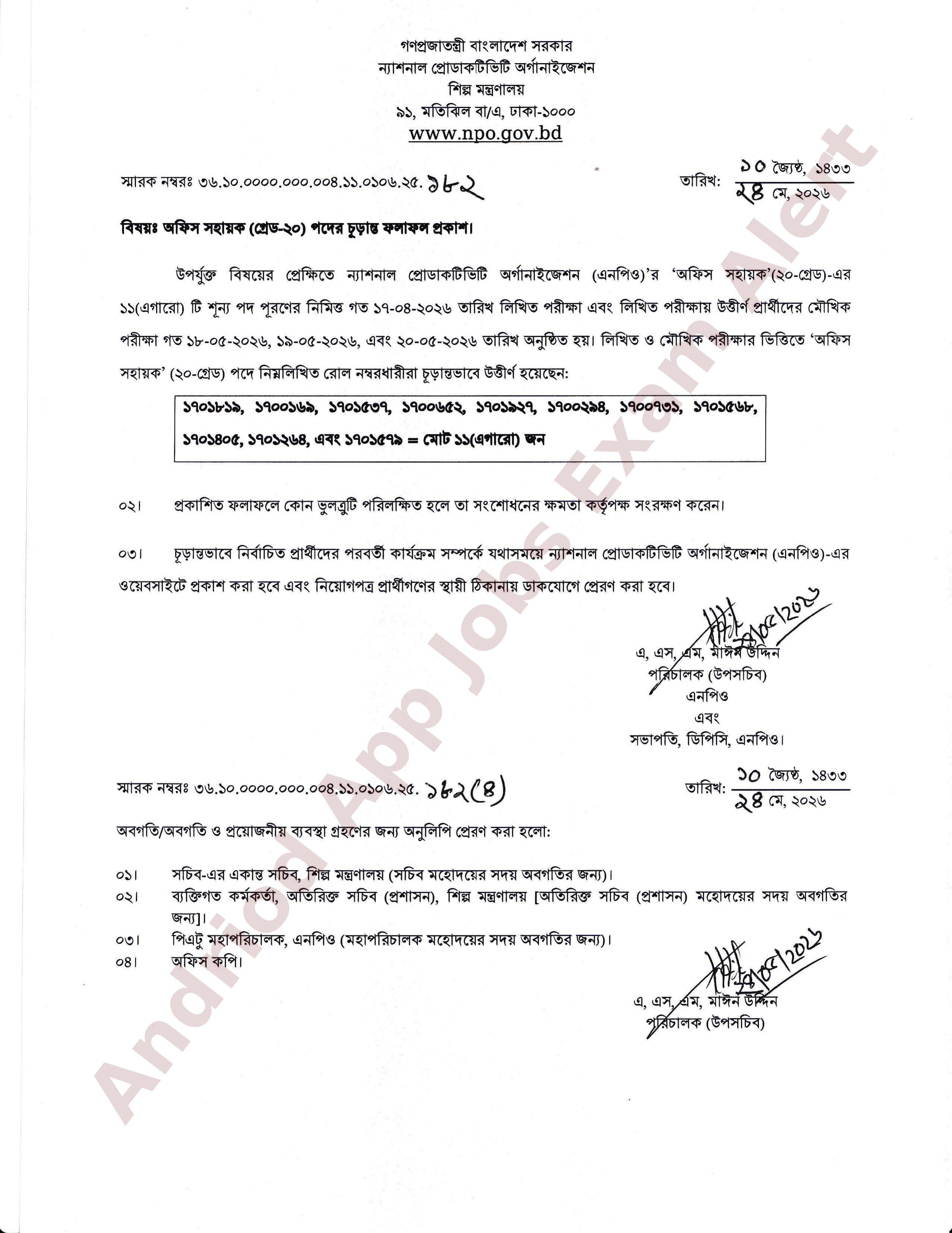 ন্যাশনাল প্রোডাকটিভিটি অর্গানাইজেশনের (এনপিও) নিয়োগ পরীক্ষার চূড়ান্ত ফলাফল প্রকাশ