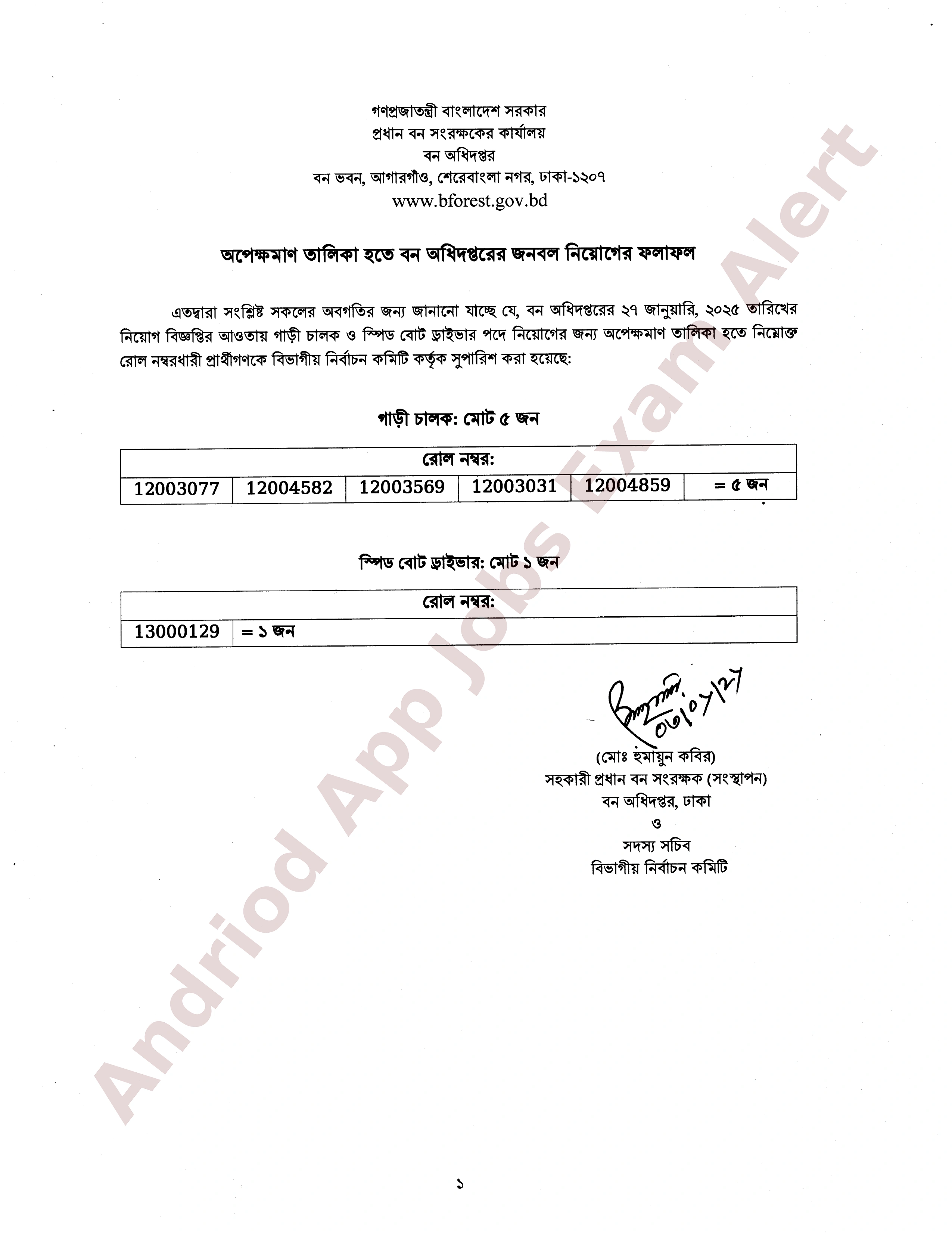 বন অধিদপ্তরের অপেক্ষমাণ তালিকা হতে ফলাফল প্রকাশ