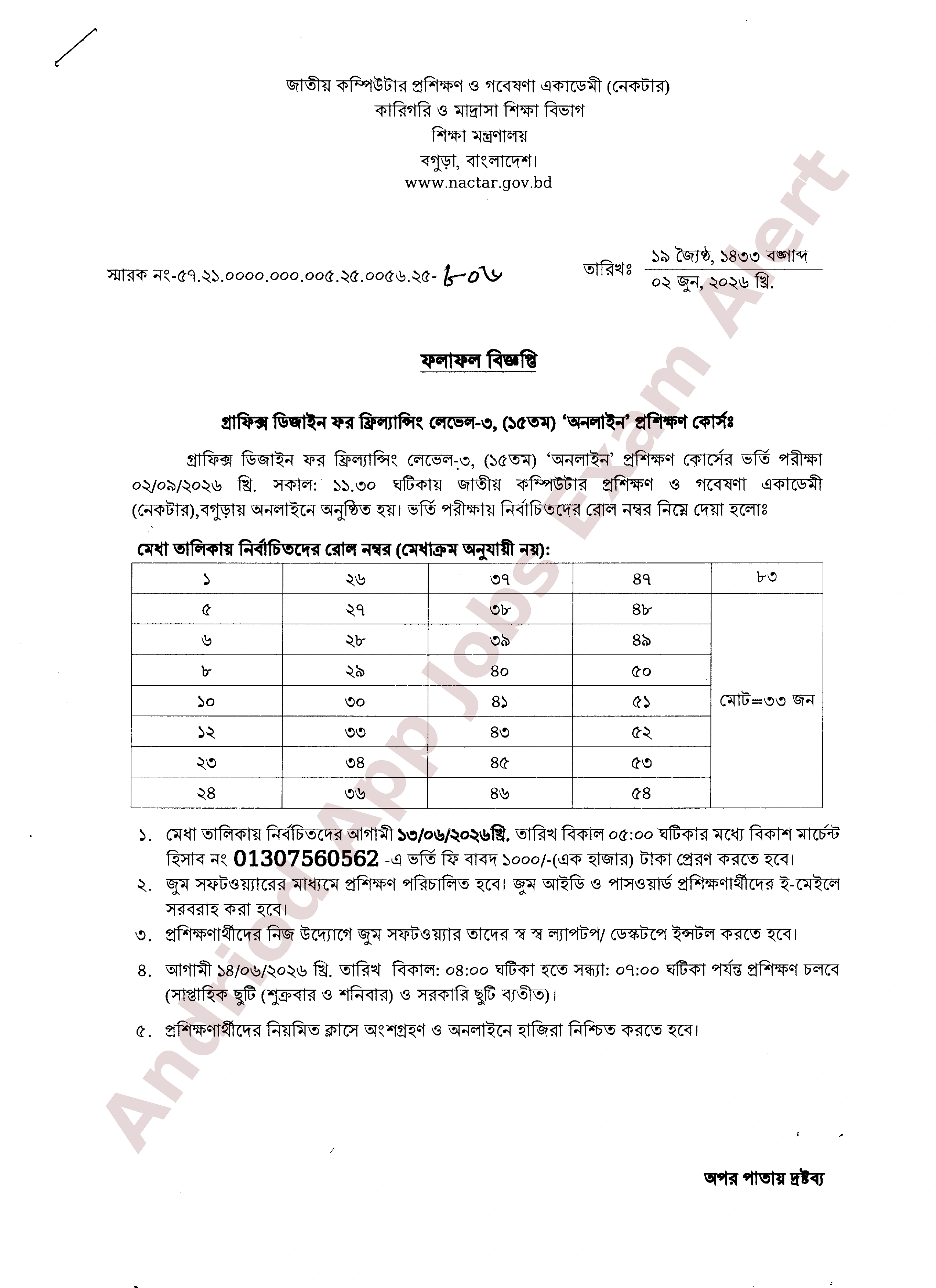 জাতীয় কম্পিউটার প্রশিক্ষণ ও গবেষণা একাডেমী (নেকটার) এর প্রশিক্ষণ কোর্সের ফলাফল প্রকাশ