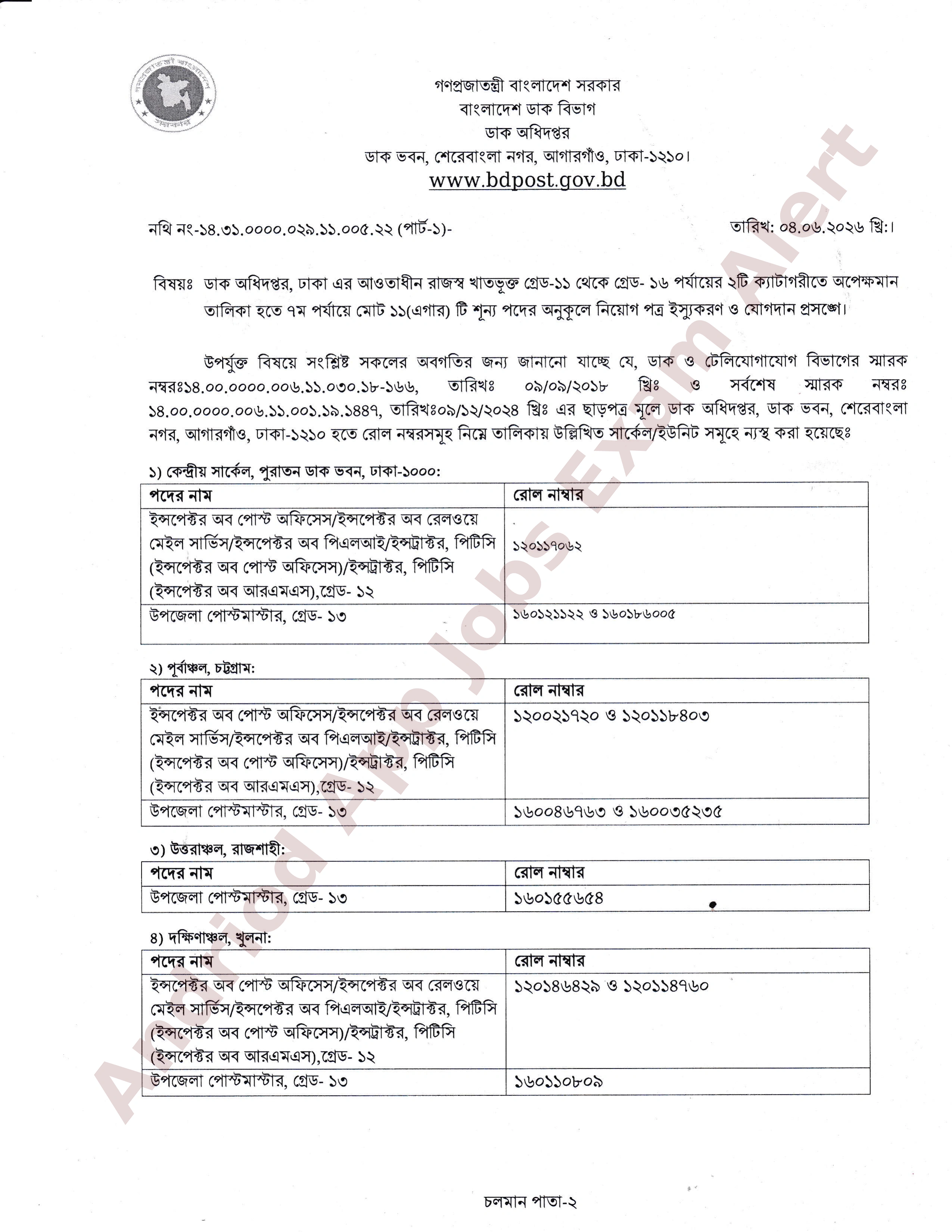 ডাক অধিদপ্তরের নিয়োগ ও যোগদান সংক্রান্ত বিজ্ঞপ্তি প্রকাশ