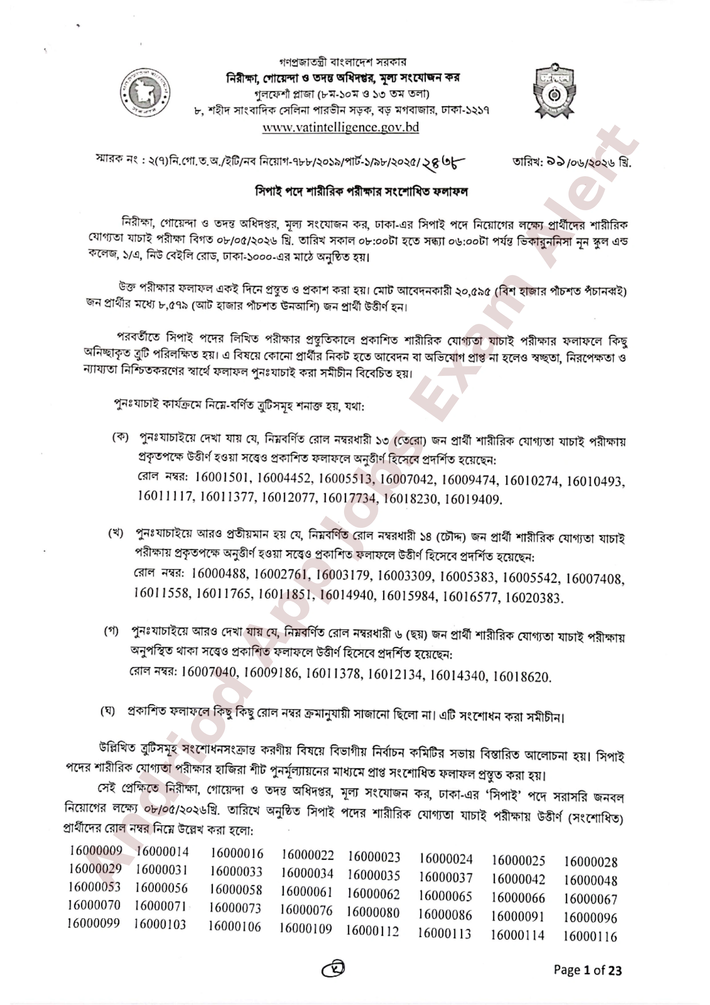 নিরীক্ষা, গোয়েন্দা ও তদন্ত অধিদপ্তর, মূল্য সংযোজন কর এর শারীরিক পরীক্ষার সংশোধিত ফলাফল প্রকাশ