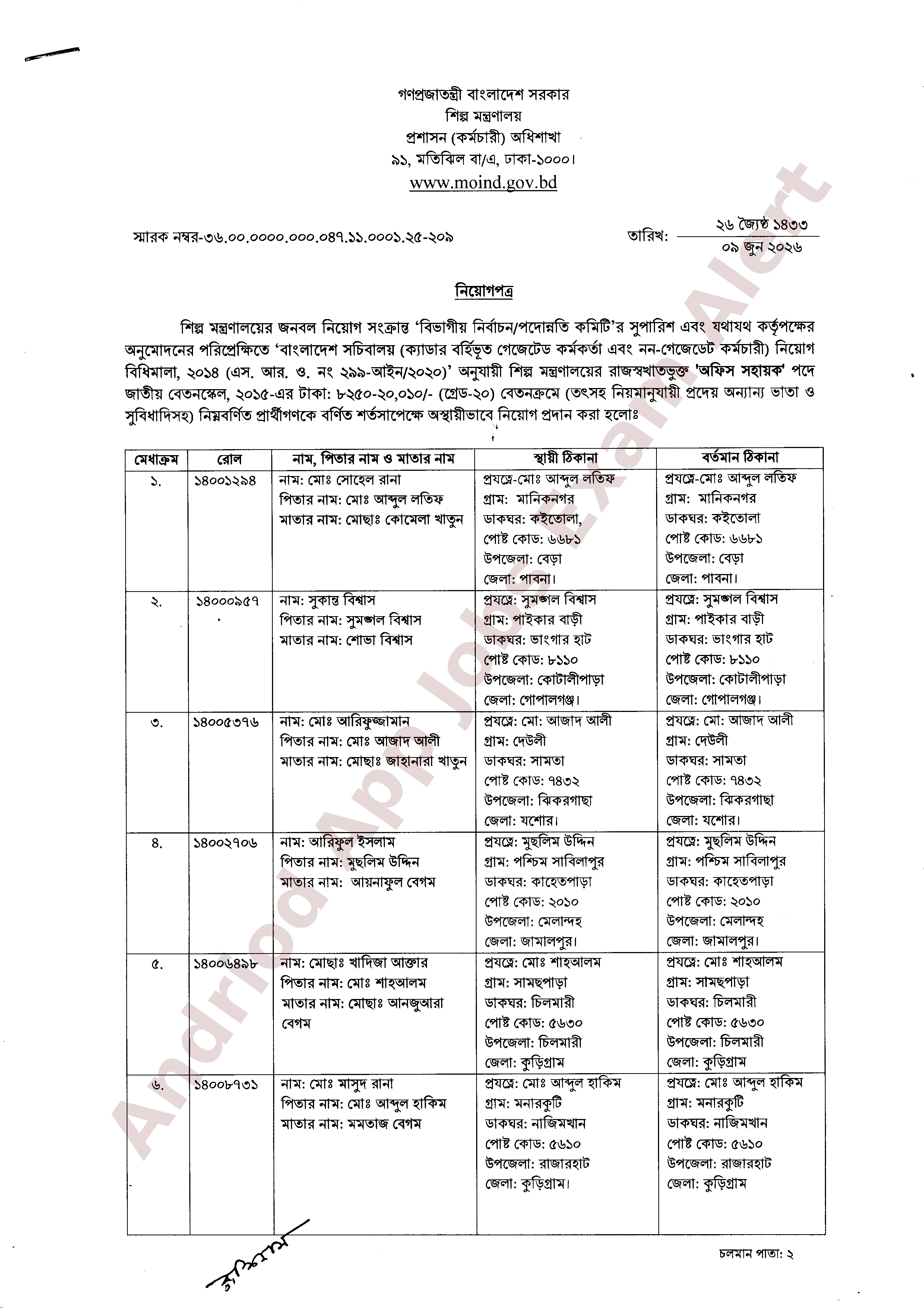 ১৪ পদে শিল্প মন্ত্রণালয়ের চূড়ান্ত নিয়োগপত্র প্রকাশ