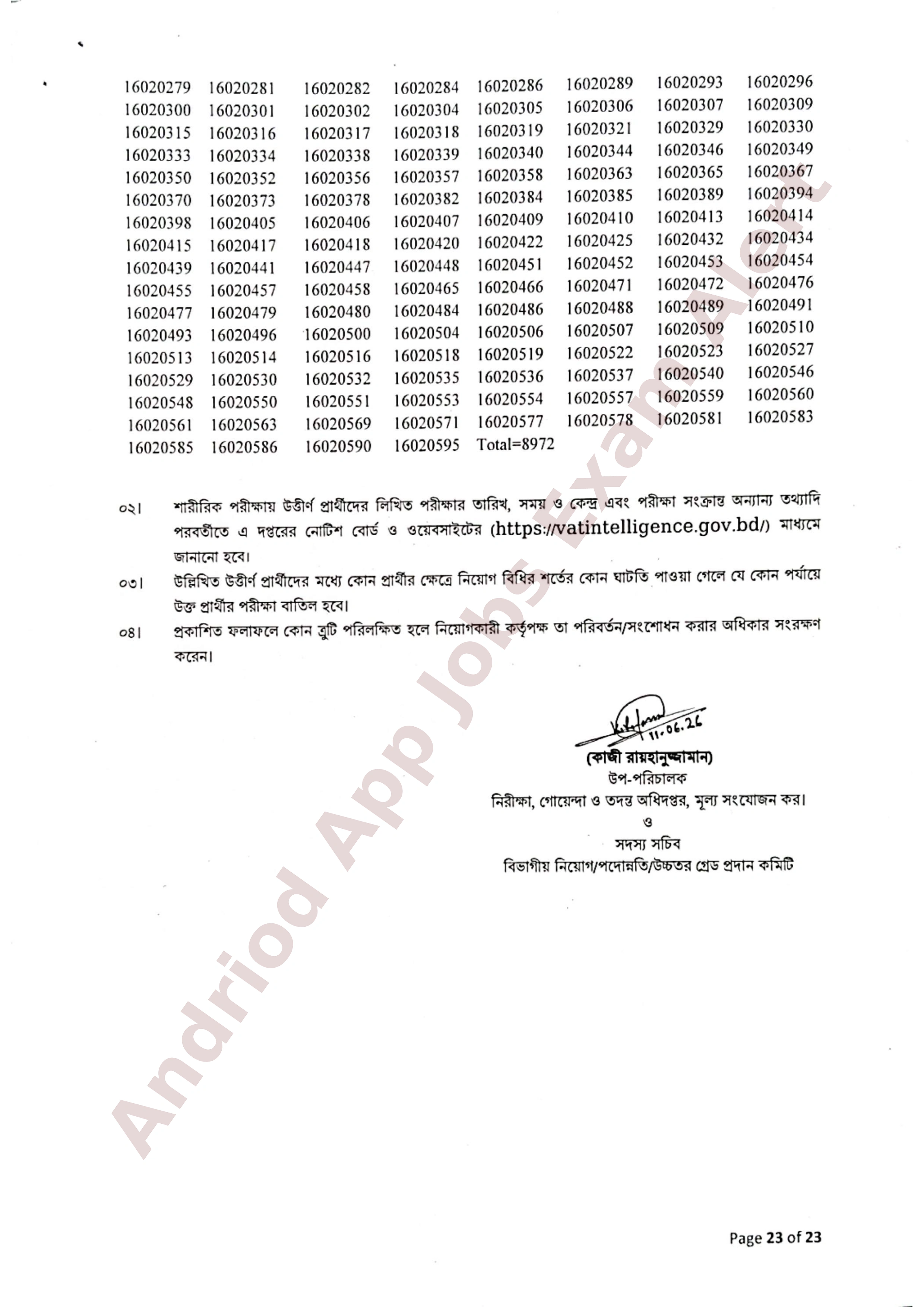 নিরীক্ষা, গোয়েন্দা ও তদন্ত অধিদপ্তর, মূল্য সংযোজন কর এর শারীরিক পরীক্ষার সংশোধিত ফলাফল প্রকাশ