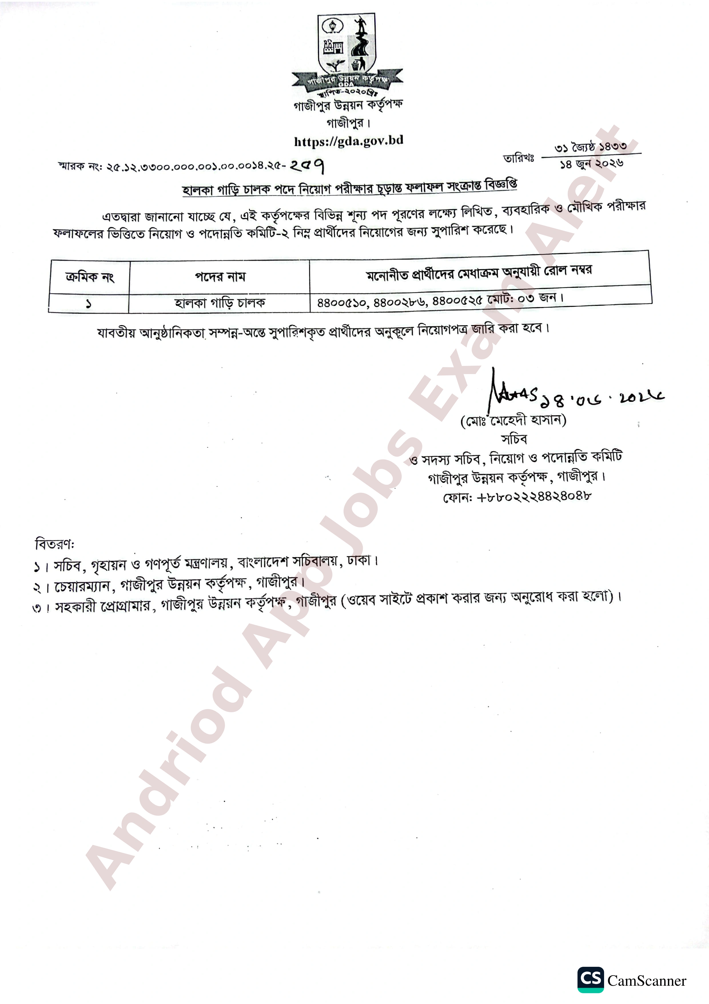গাজীপুর উন্নয়ন কর্তৃপক্ষের নিয়োগ পরীক্ষার চূড়ান্ত ফলাফল প্রকাশ
