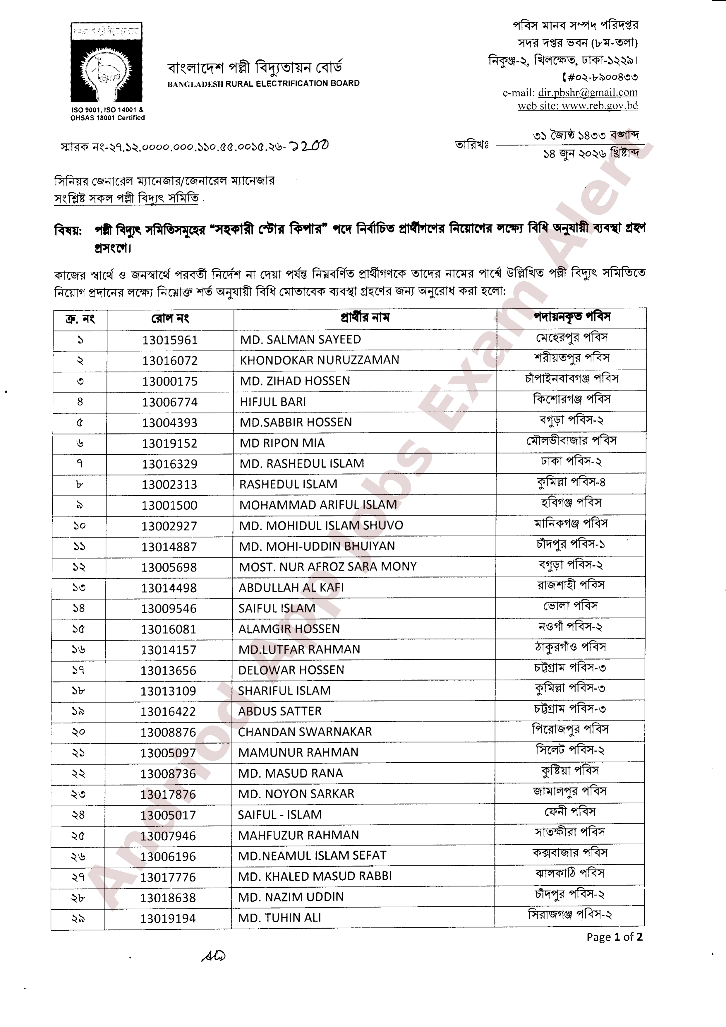 বাংলাদেশ পল্লী বিদ্যুতায়ন বোর্ডের চূড়ান্ত নিয়োগের ফলাফল প্রকাশ