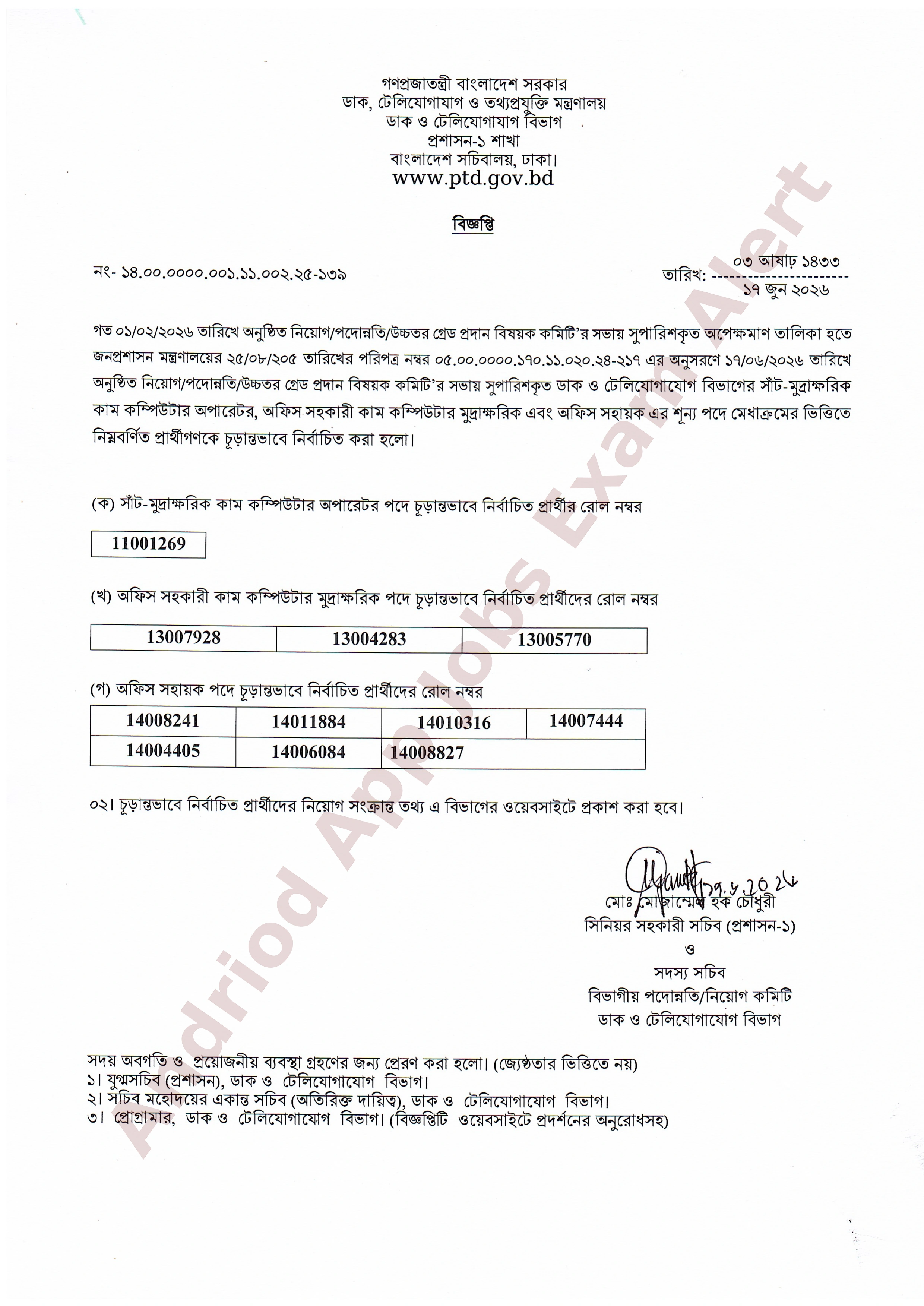 ডাক ও টেলিযোগাযোগ বিভাগের নিয়োগ পরীক্ষার চূড়ান্ত ফলাফল প্রকাশ