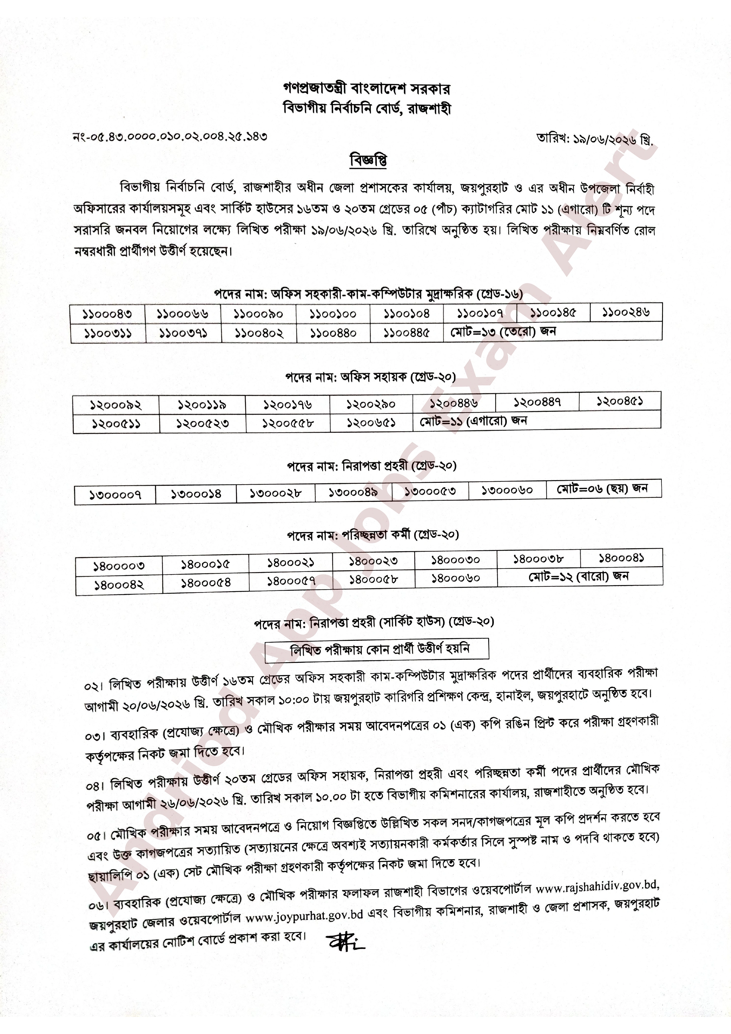 জয়পুরহাট জেলা প্রশাসকের কার্যালয় এর-নিয়োগ পরীক্ষার ফলাফল প্রকাশ